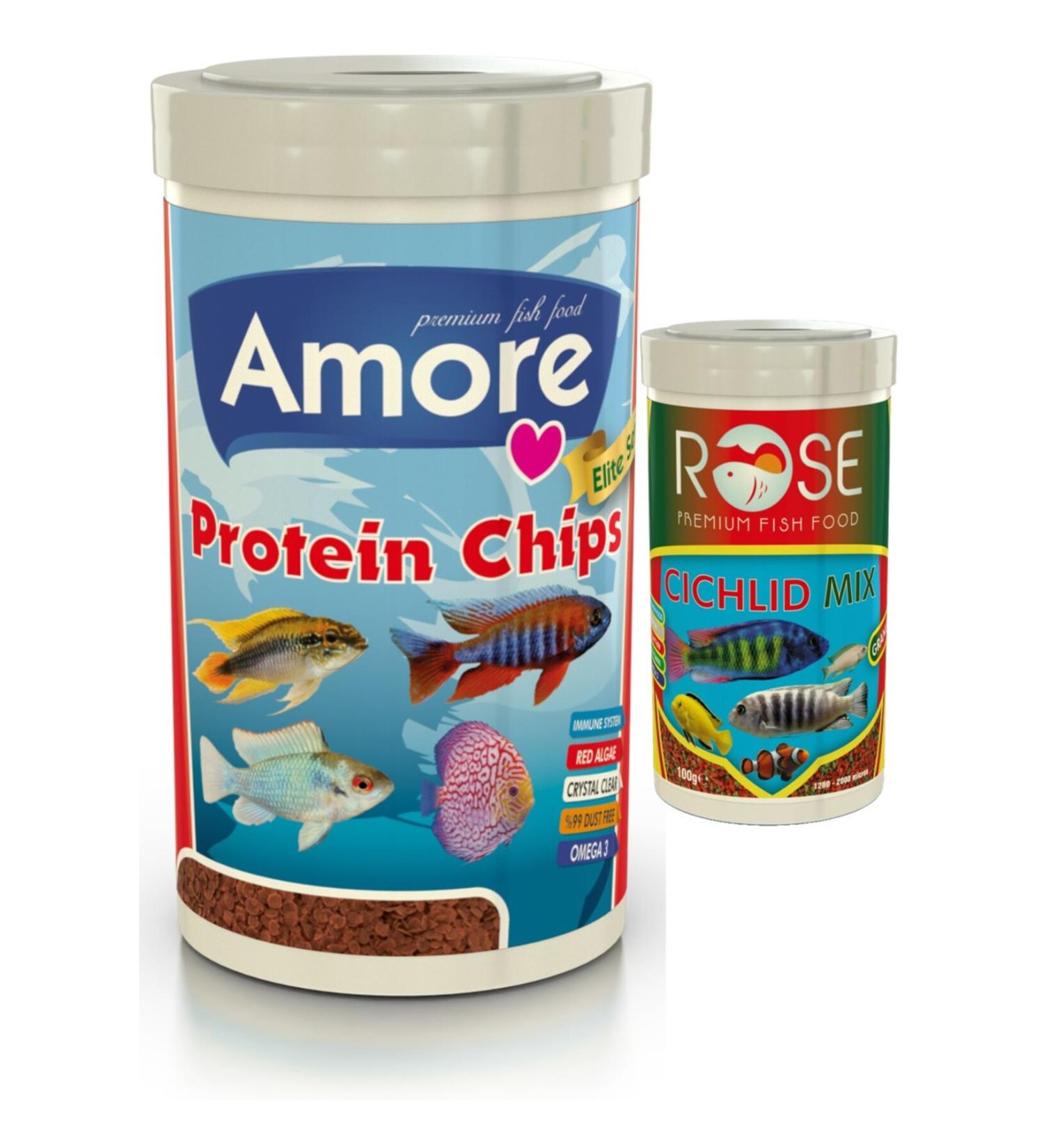 AMORE Protein Pro Flat Chips 1000ml Rose Cichlid Granule Mix 250ml Box Mixed Fish Food