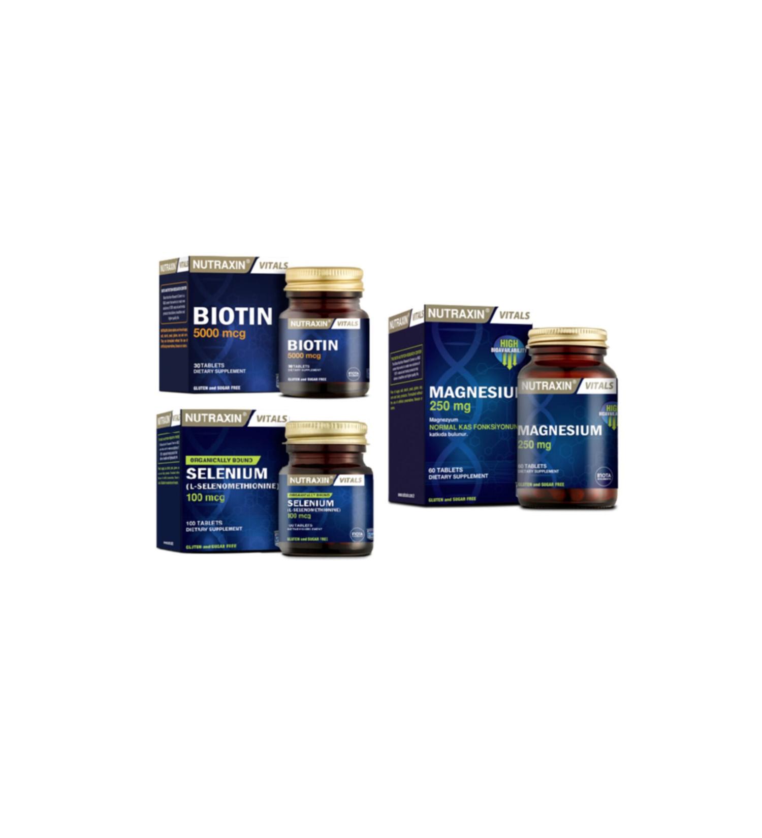 Nutraxin Magnesium Supplement 250 Mg 60 Tablets + Biotin Supplement 5000 Mcg 30 Tablets + Selenium 100 Mcg 100 Tablets