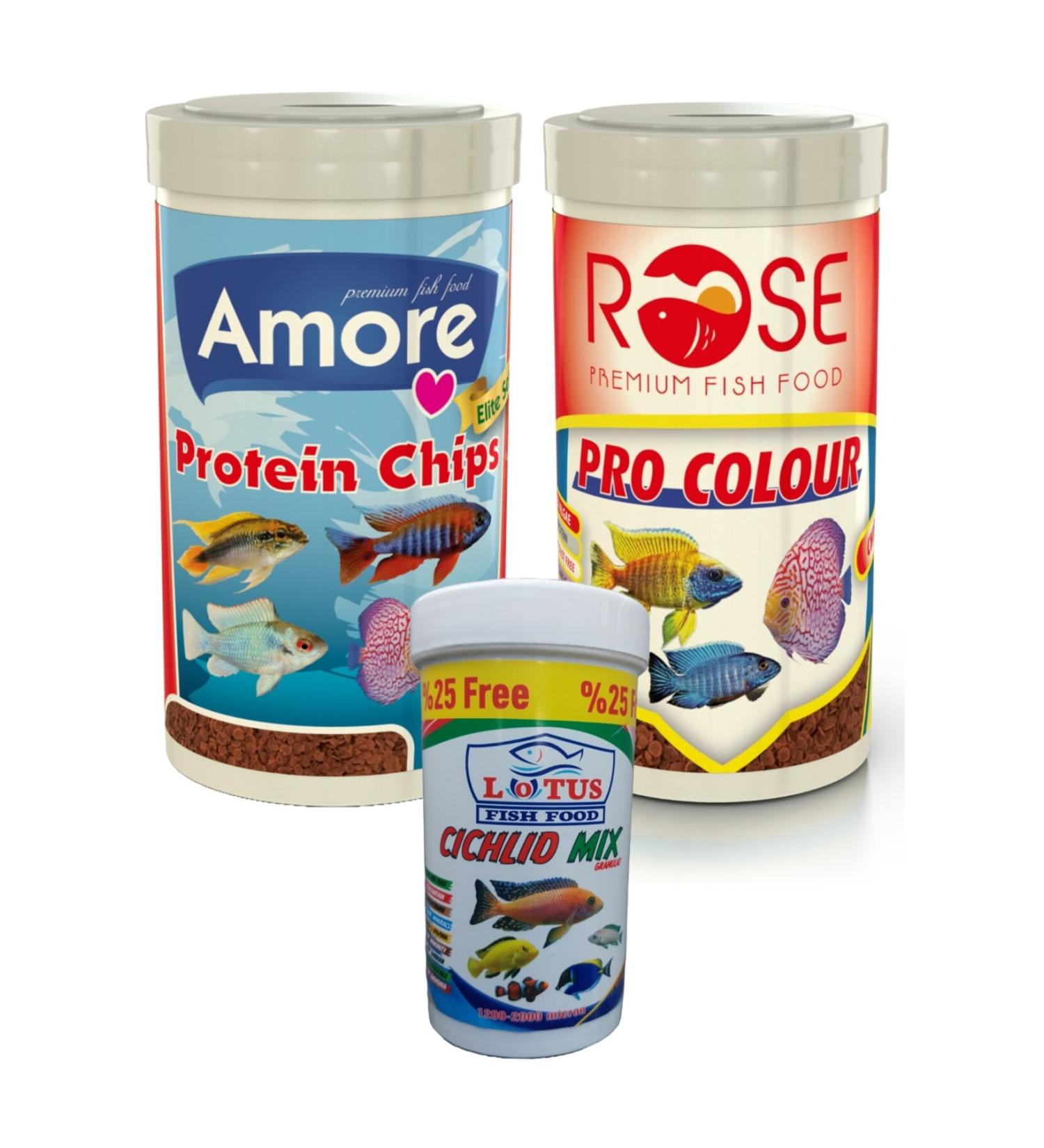 AMORE Protein Pro Flat Chips 250ml Rose Pro Colour 250ml Lotus Gum Mix 125ml Box Mixed Fish Food