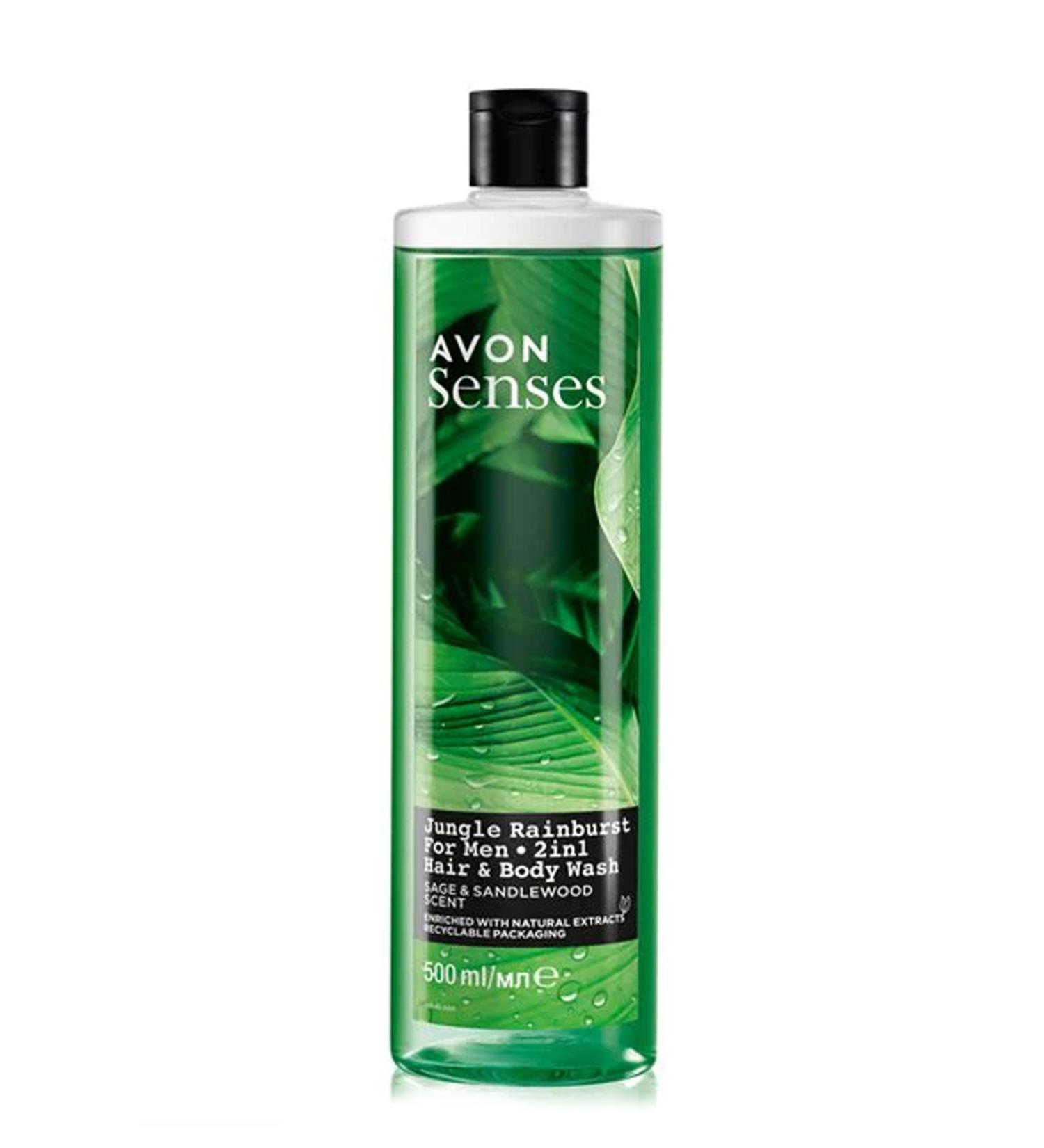 Avon Senses Jungle Rainburst Sage and Sandalwood Scented Men's Hair and Body Shampoo 500 Ml.
