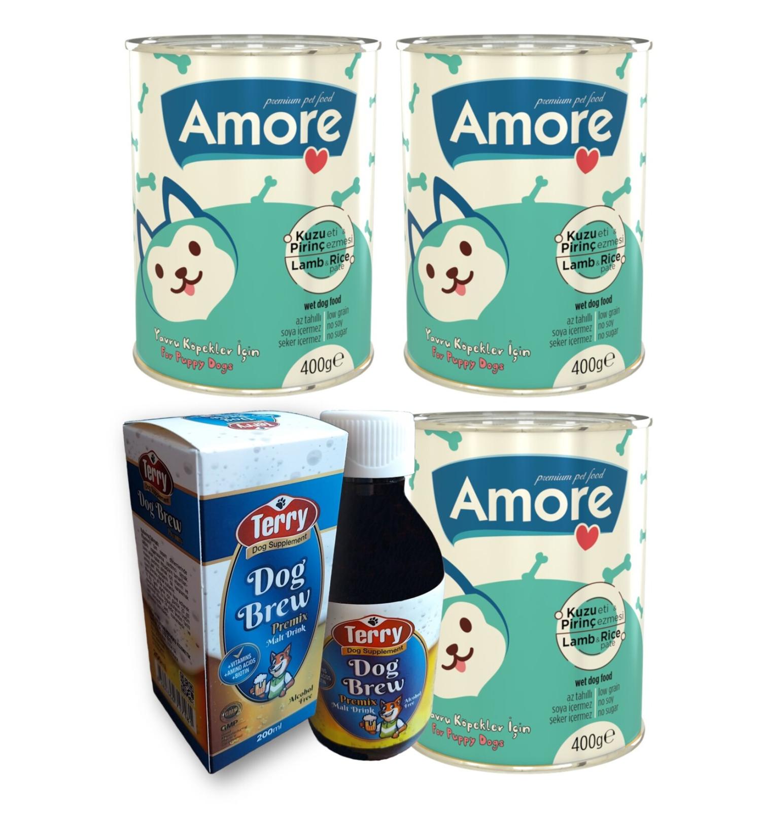 AMORE Lamb Meat Pate Puppy 3-Canned Terry Dog Brew Premix D-Biotin Taurine 200ml Malt Drink