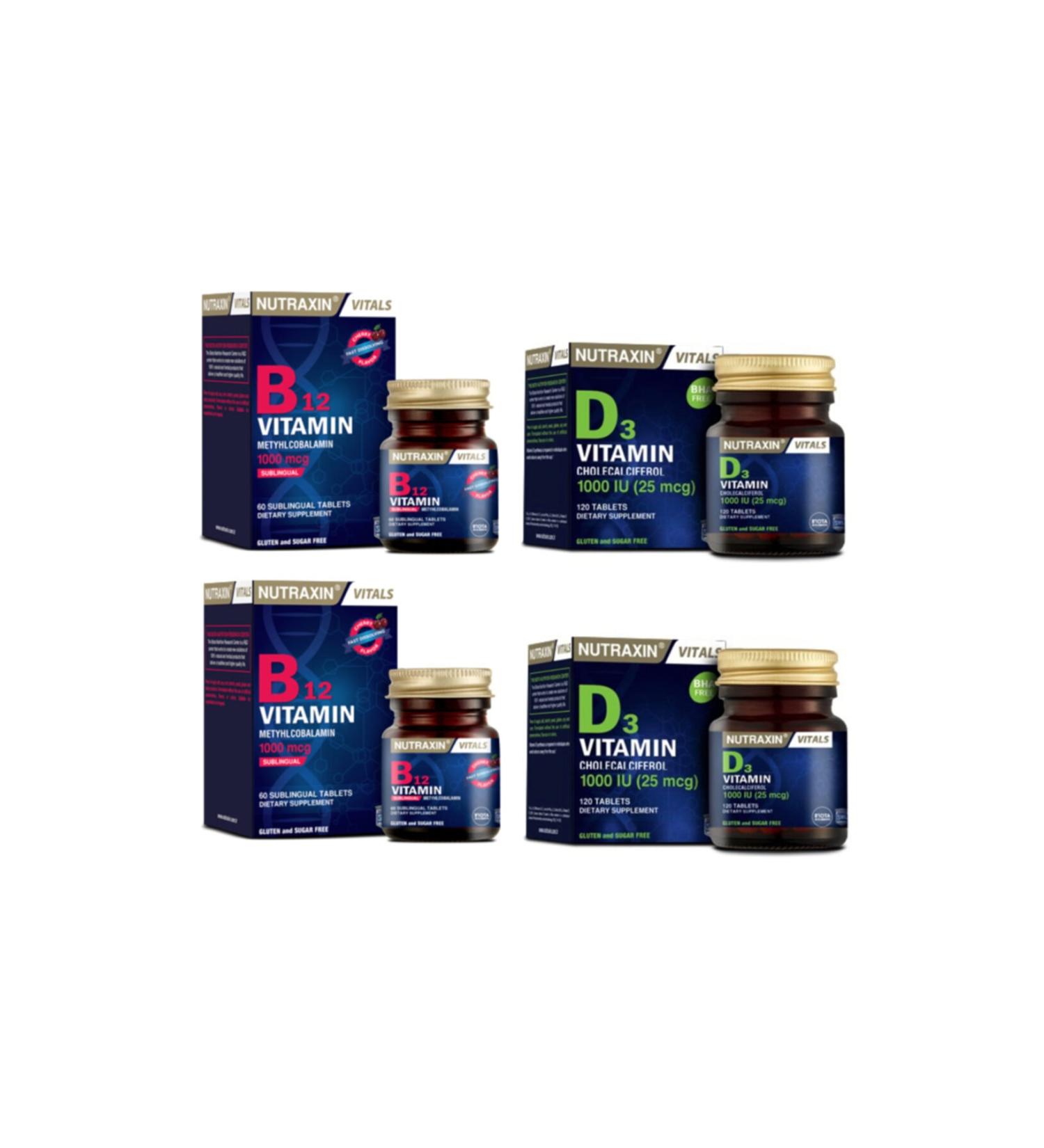 Nutraxin Vitamin B12 1000 Mcg 60 Sublingual Tablets X2 Pieces + Vitamin D3 1000 Iu 120 Tablets X2 Pieces