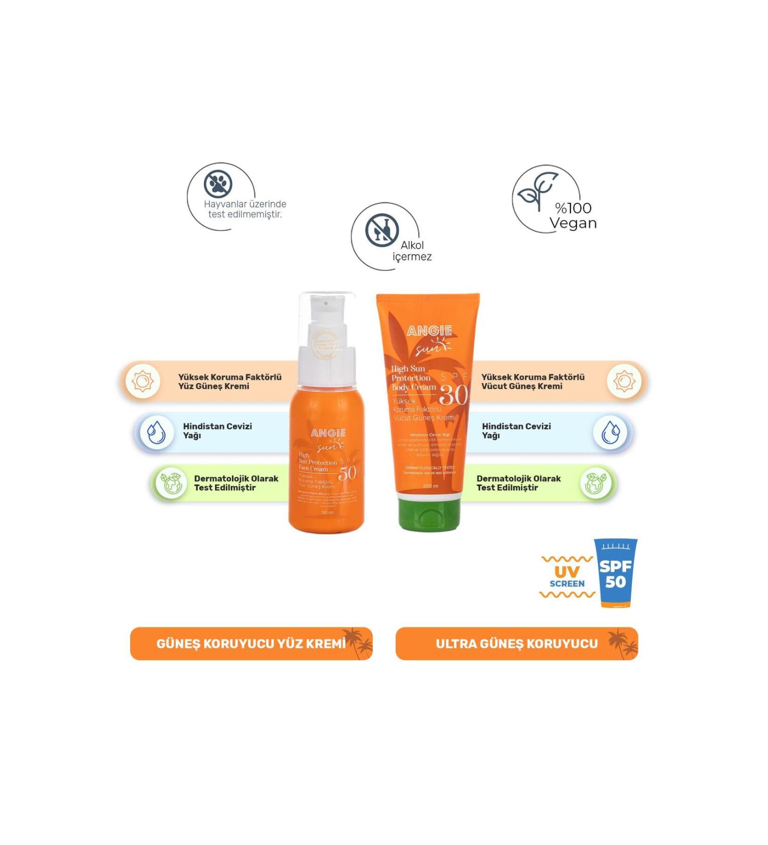 Angie Sun Face Sunscreen Spf 50 Sun Body Sunscreen Spf 30 (VEGAN)