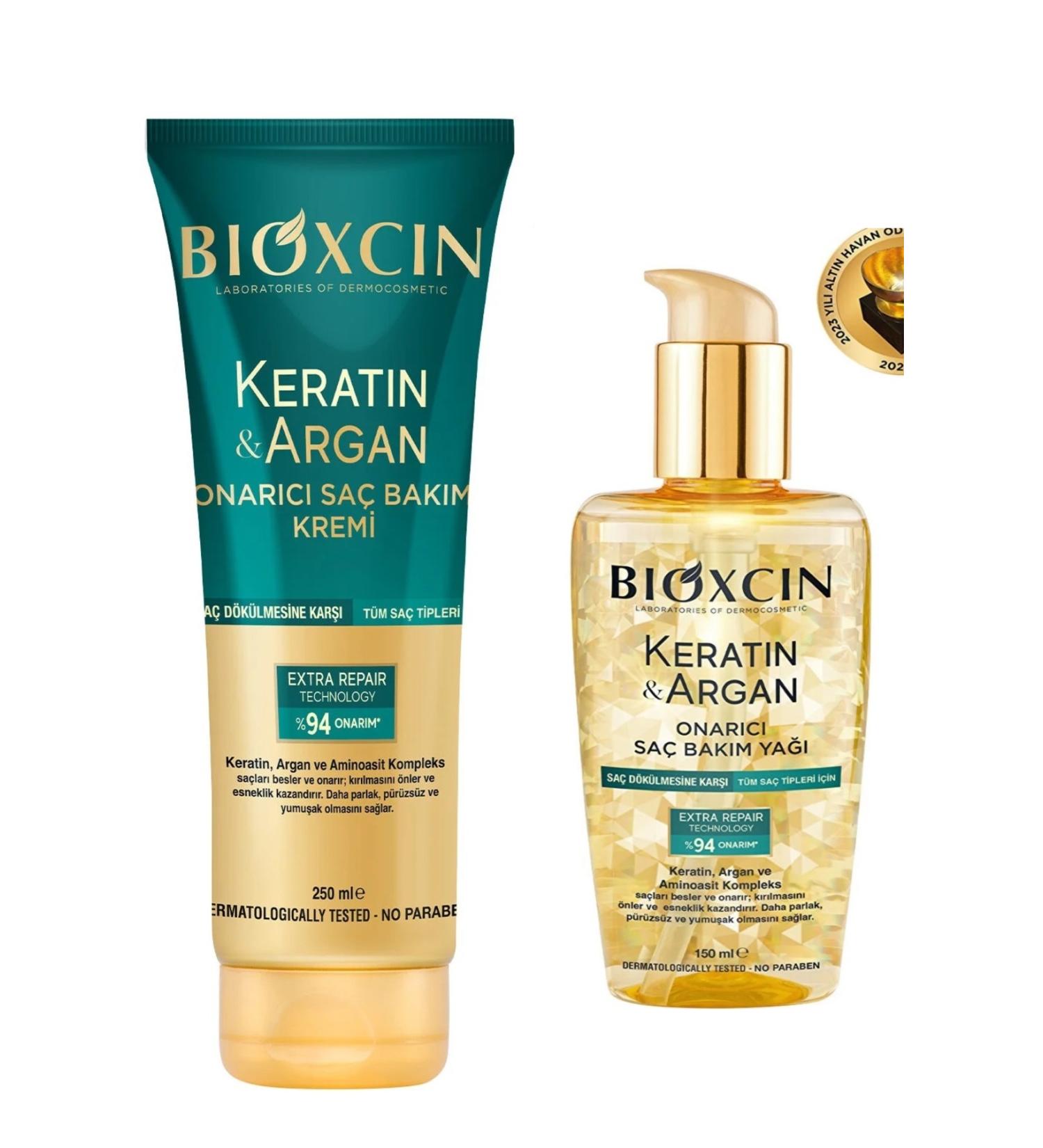Bioxcin Keratin Argan Nourishing Repairing Hair Care Oil 150 ml - Keratin & Argan Repairing Hair Care Cream 250 ml - Buy Online on GoSupps.com