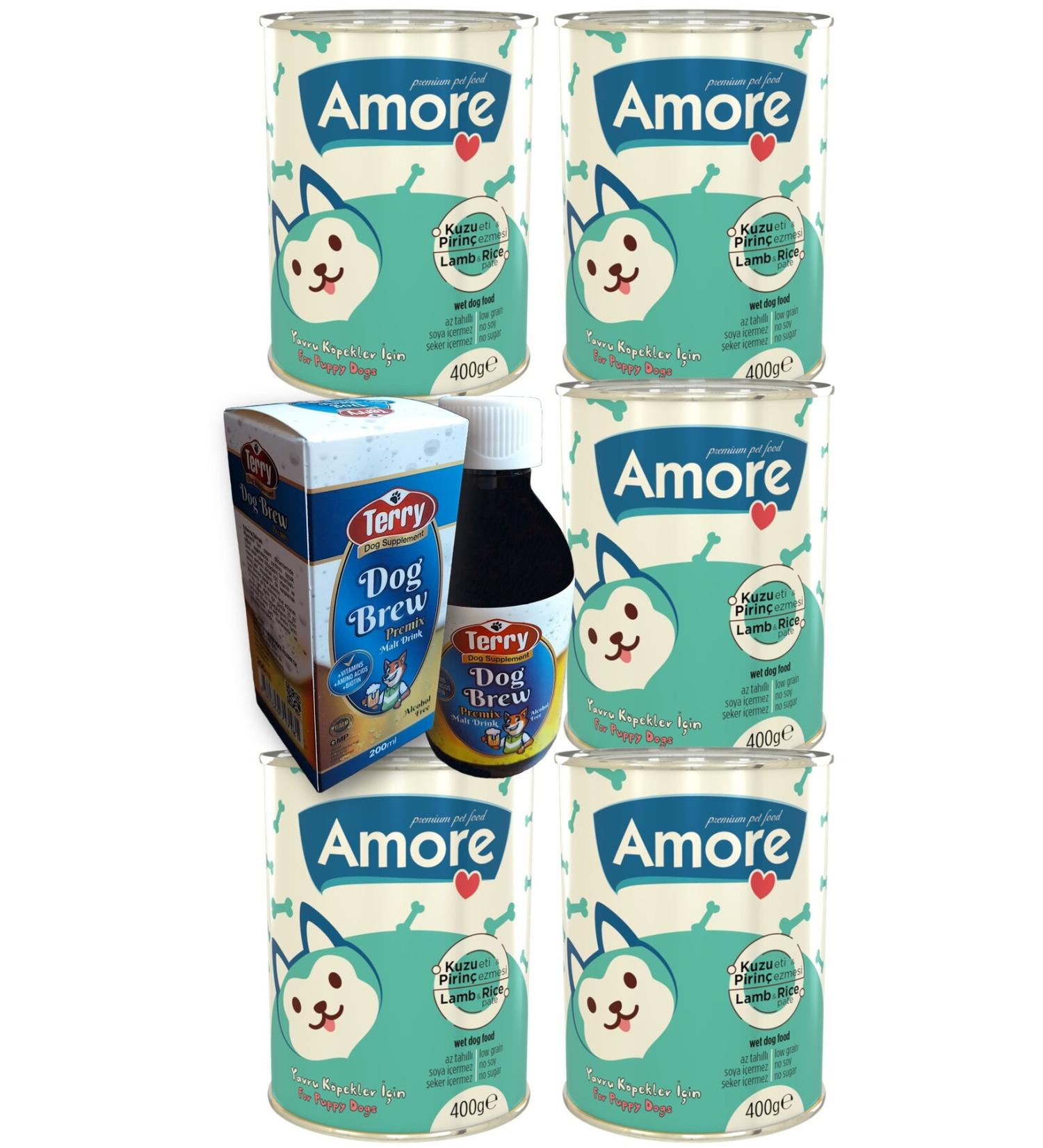 AMORE Lamb Meat Pate Puppy 5-Canned Terry Dog Brew Premix D-Biotin Taurine 200ml Malt Drink