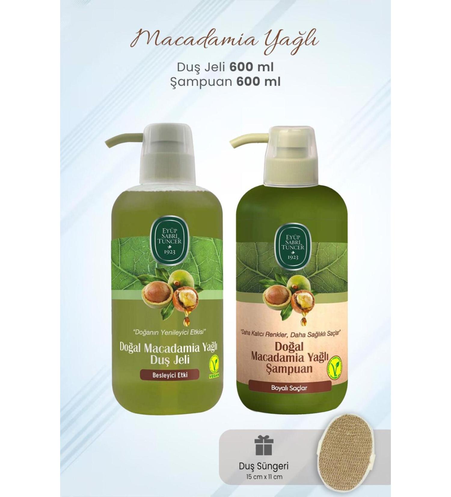Ey p Sabri Tuncer Macadamia Oil Shampoo 600 ml Shower Gel 600 ml and Shower Sponge