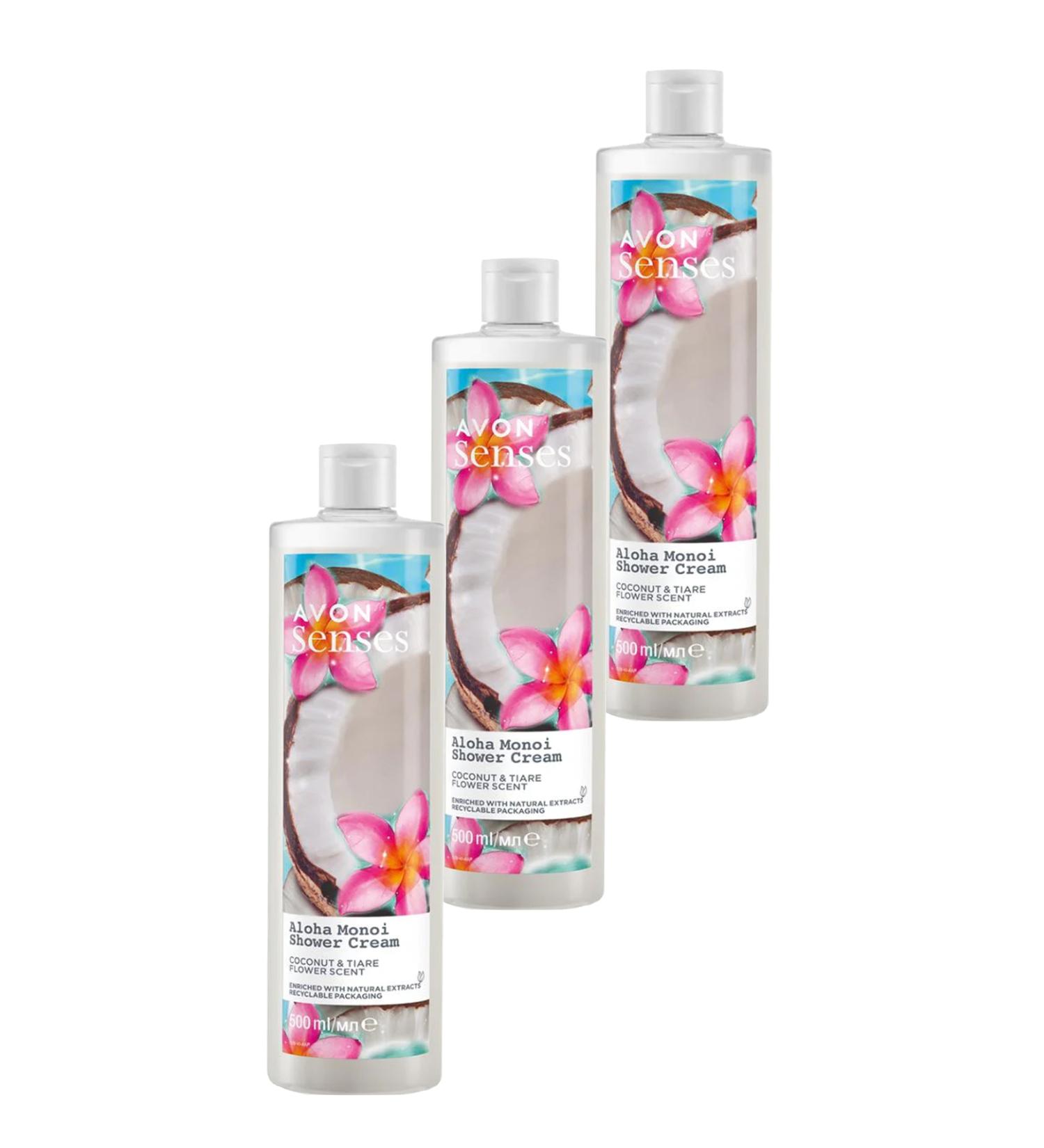 Avon Senses Aloha Monoi Tiare Flower and Coconut Scented Cream Shower Gel 500 Ml. Set of Three