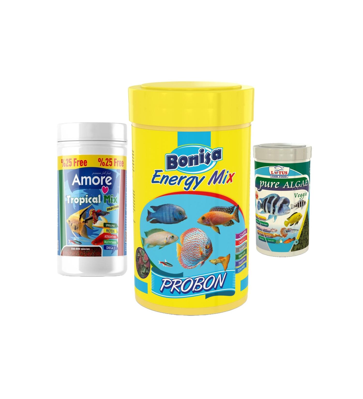 AMORE Tropical Mix Selection 125ml Bonisa Energy Mix 250ml Pure Algae Pro 100ml Tropical Fish Food Set