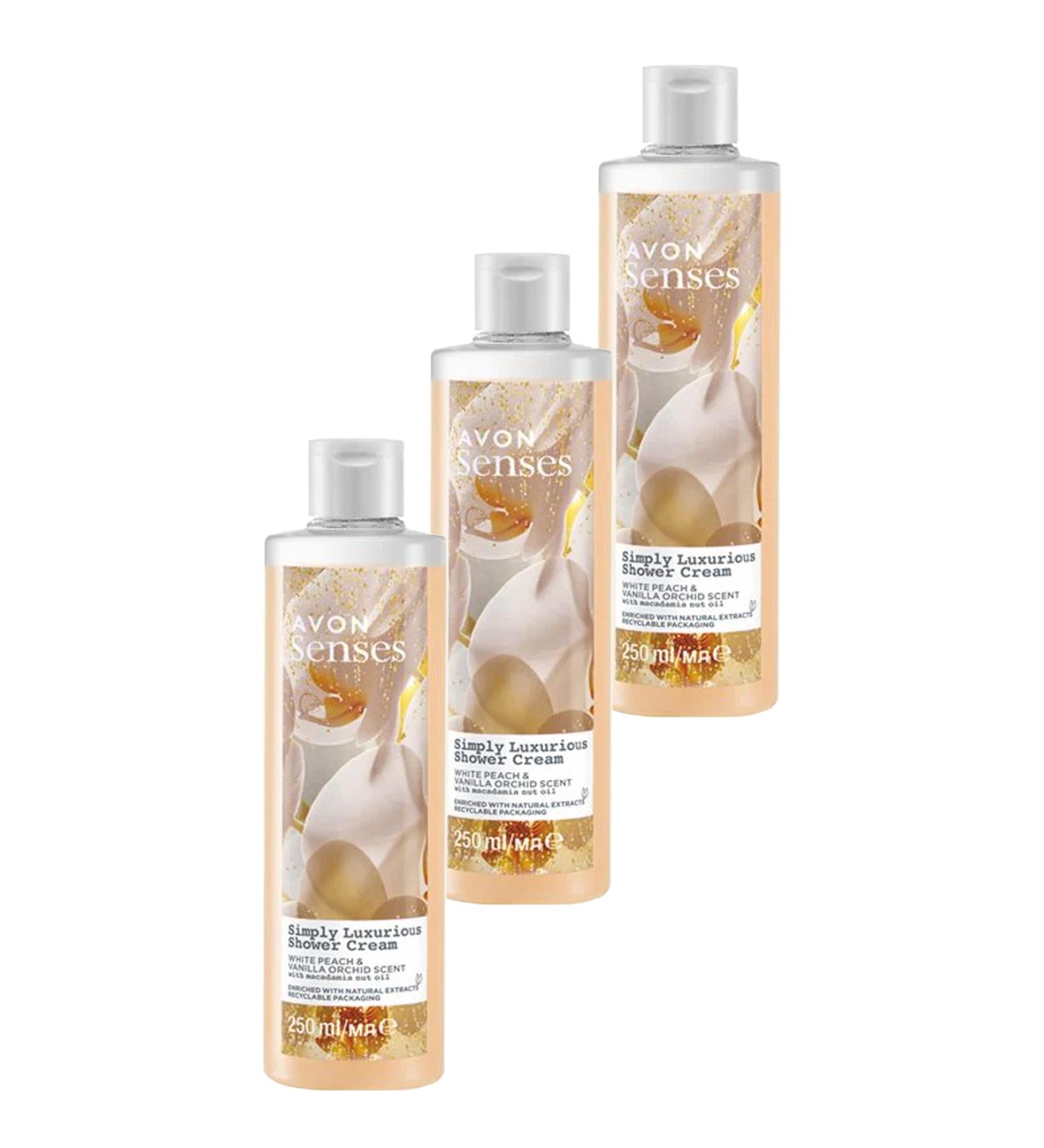 Avon Simply Luxurious White Peach and Vanilla Orchid Scented Shower Cream 250 Ml. Set of Three
