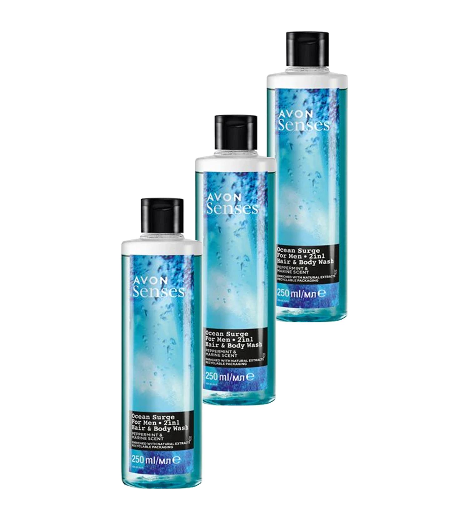Avon Senses Ocean Surge Men's Shower Gel for Hair and Body with Mint and Sea Scent 250 Ml. Triple Set