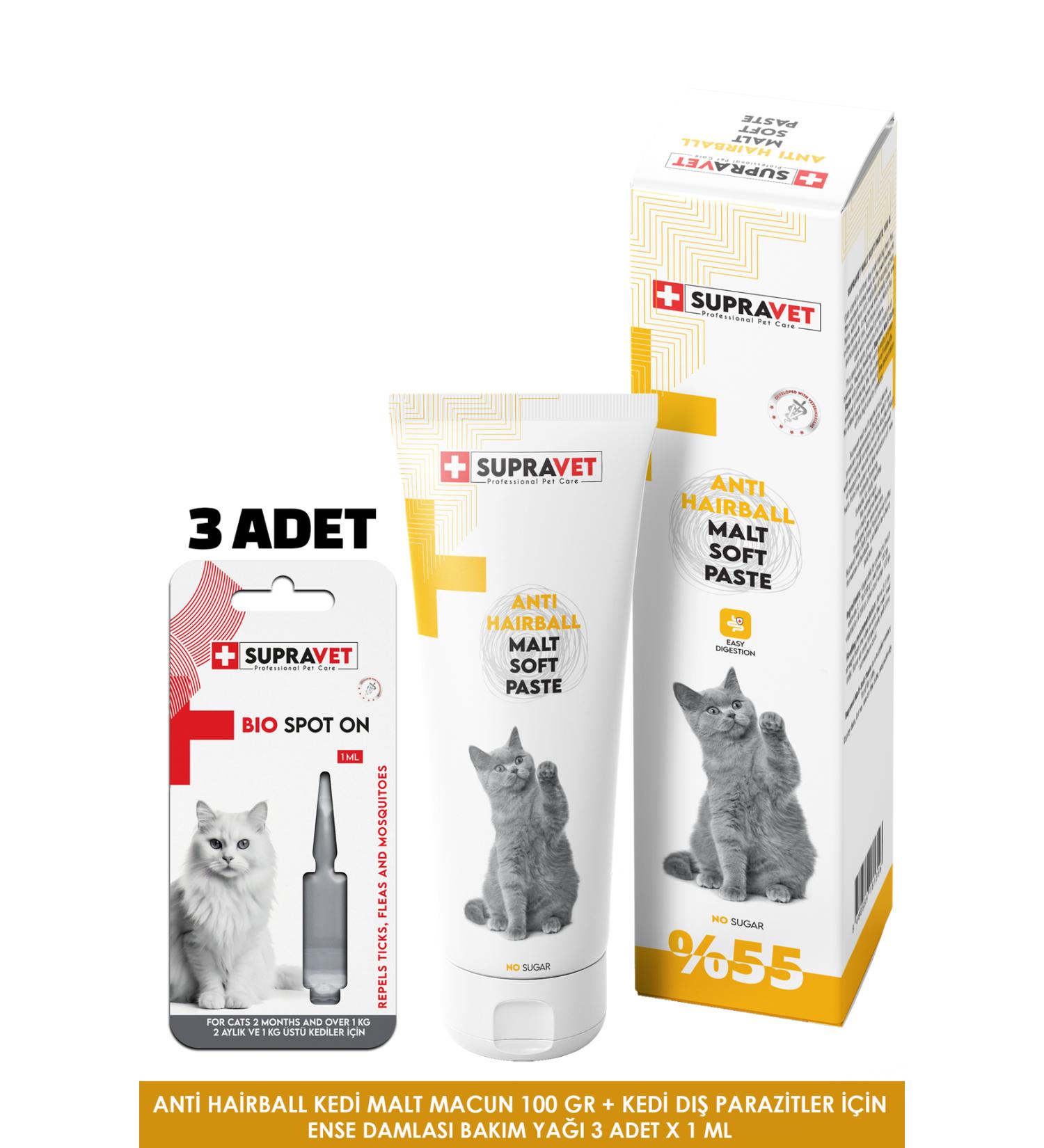 Supravet Anti Hairball Anti Hairball Cat Malt Paste 100 Gr + Cat External Parasite Care Oil Drops 3 PCS - Buy Online on GoSupps.com
