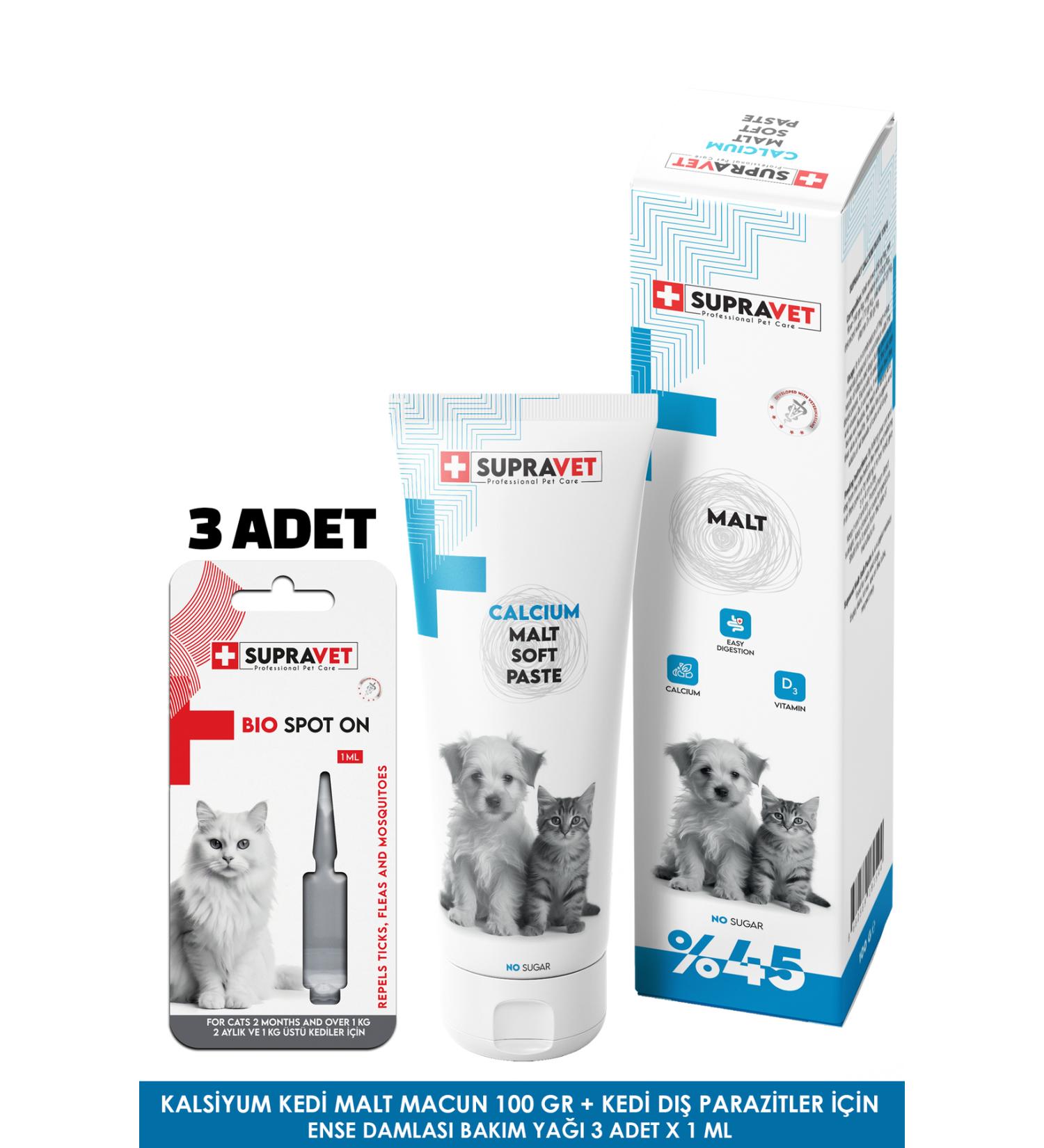 Supravet Calcium Cat Malt Paste 100 Gr + Cat External Parasite Care Oil Drops 3 PCS - Buy Online on GoSupps.com