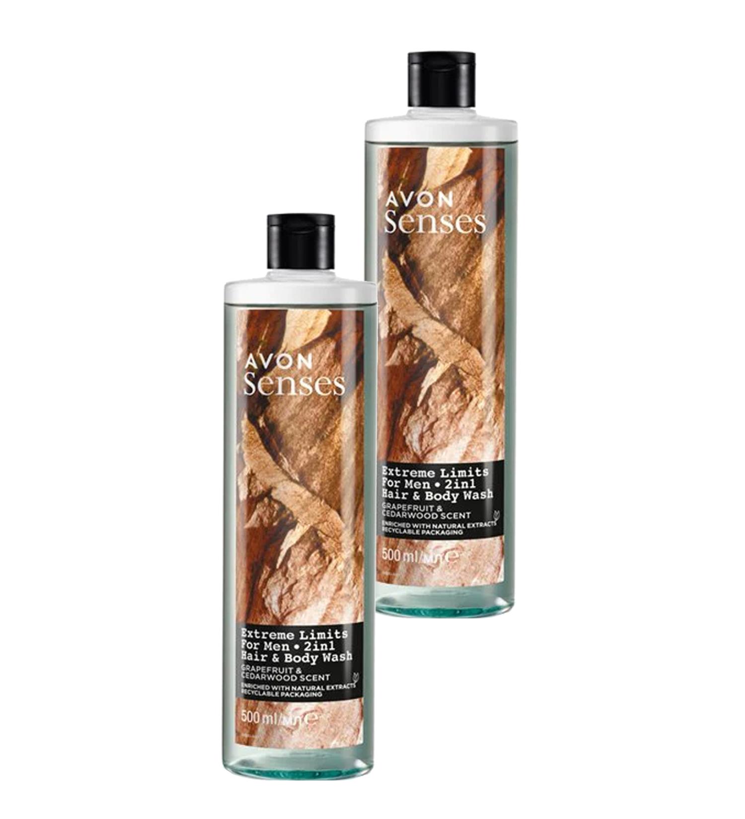 Avon Senses Extreme Limits Grapefruit and Sandalwood Scented Hair and Body Shower Gel for Men 500 Ml. Duo