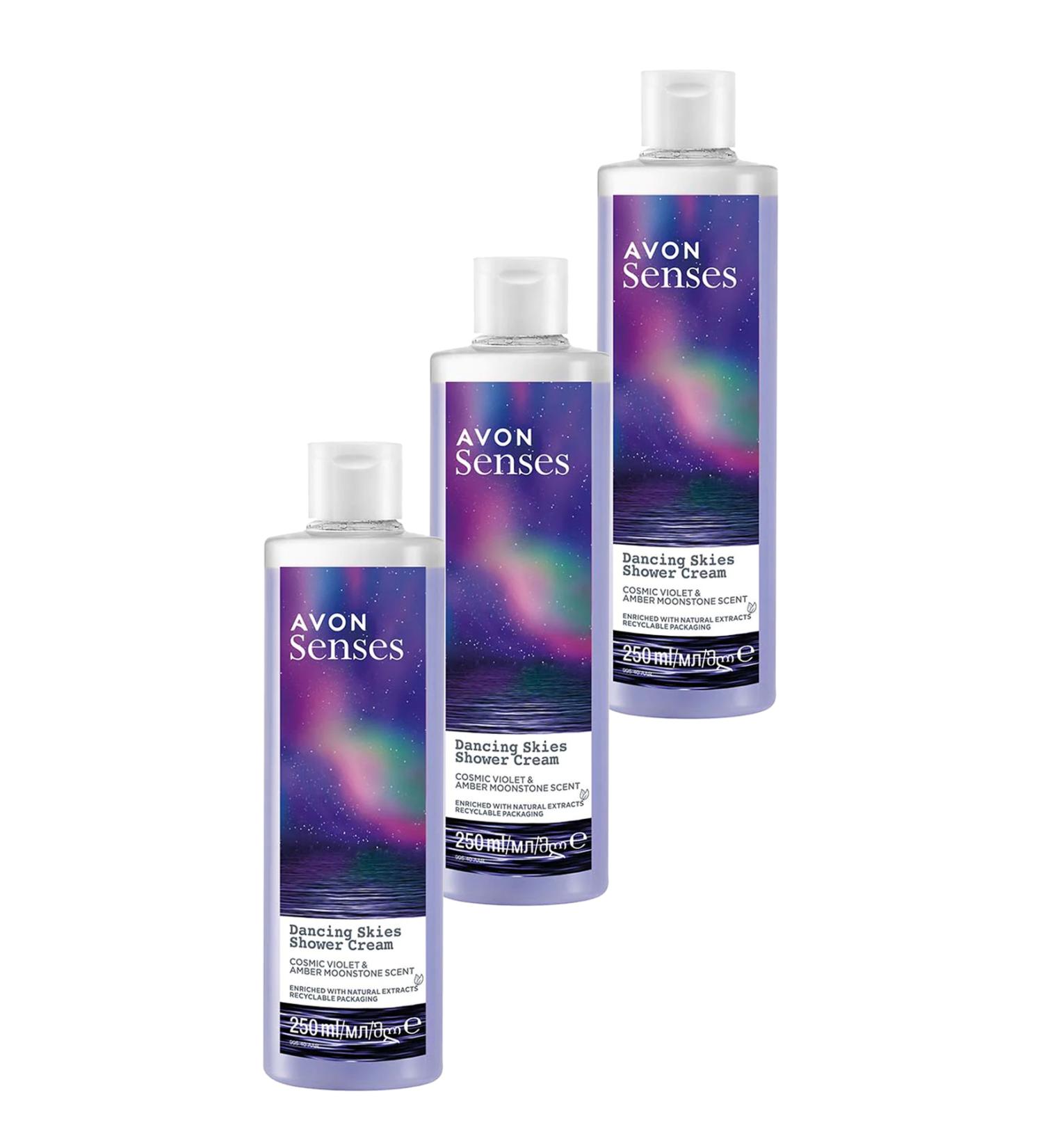 Avon Senses Dancing Skies Violet and Raspberry Scented Creamy Shower Gel 250 Ml. Set of Three