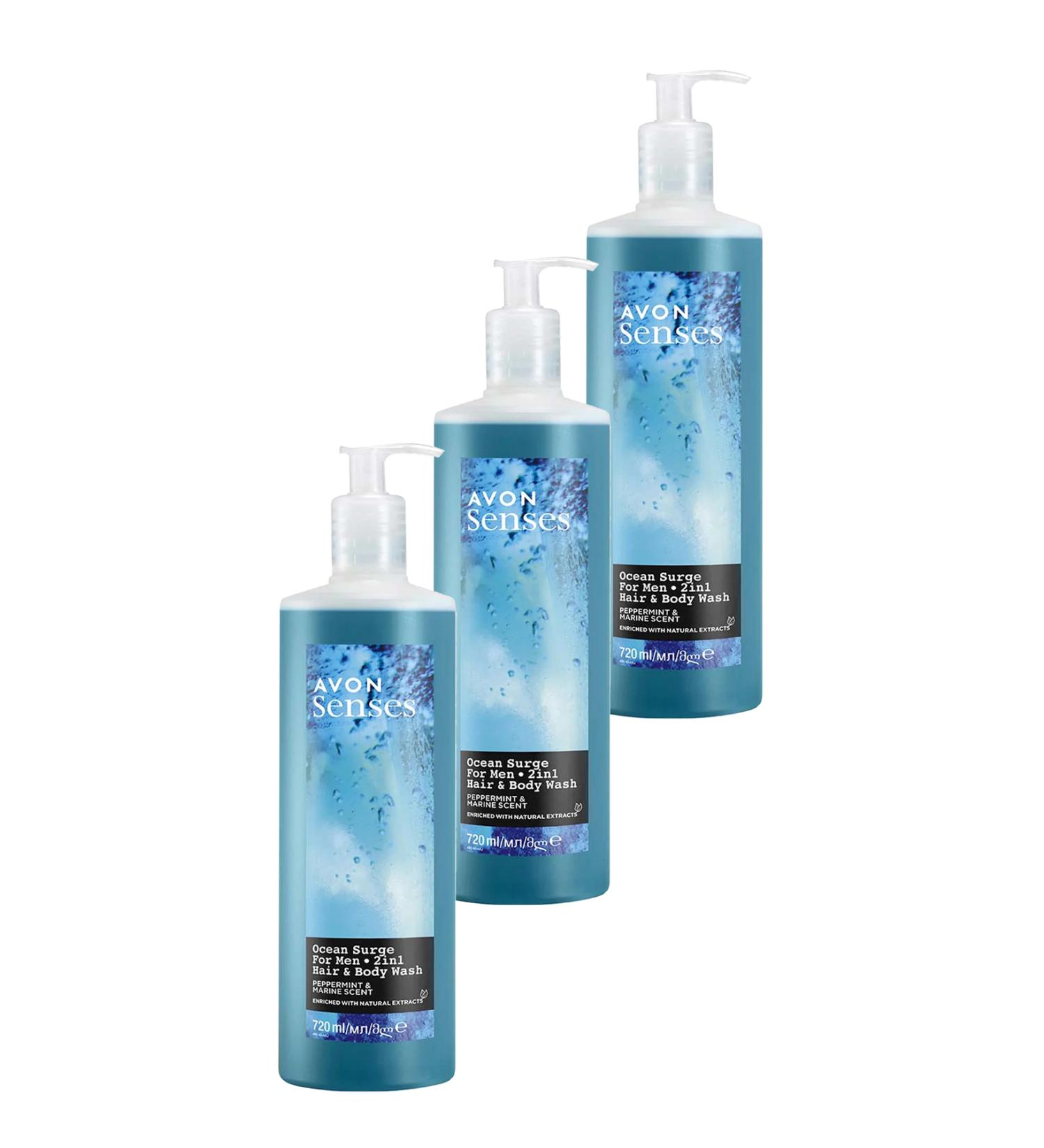 Avon Senses Ocean Surge Men's Shower Gel for Hair and Body with Mint and Sea Scent 720 ml Triple Set