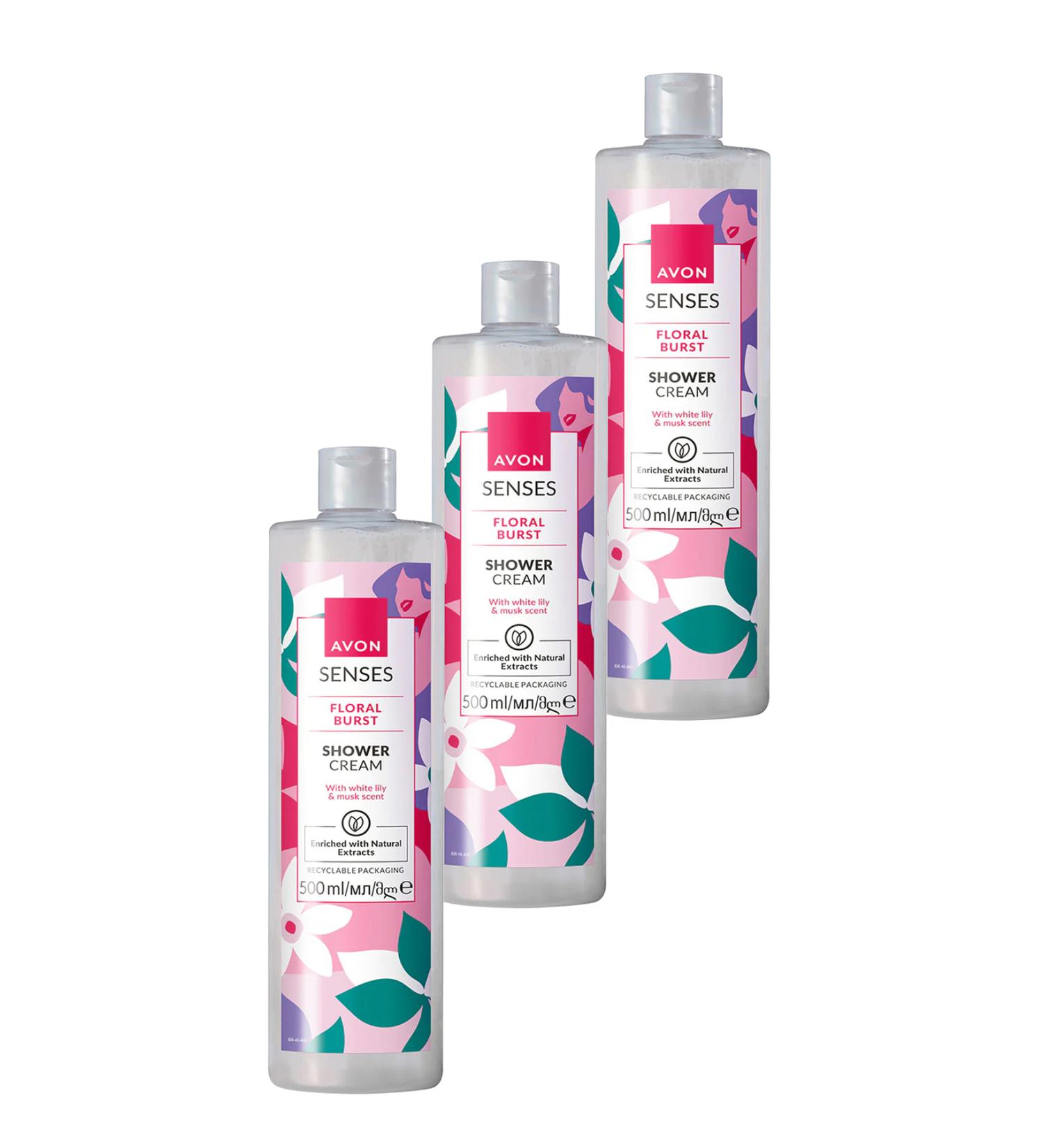 Avon Senses Floral Burst Lily and Musk Scented Shower Cream 500 Ml. Set of Three