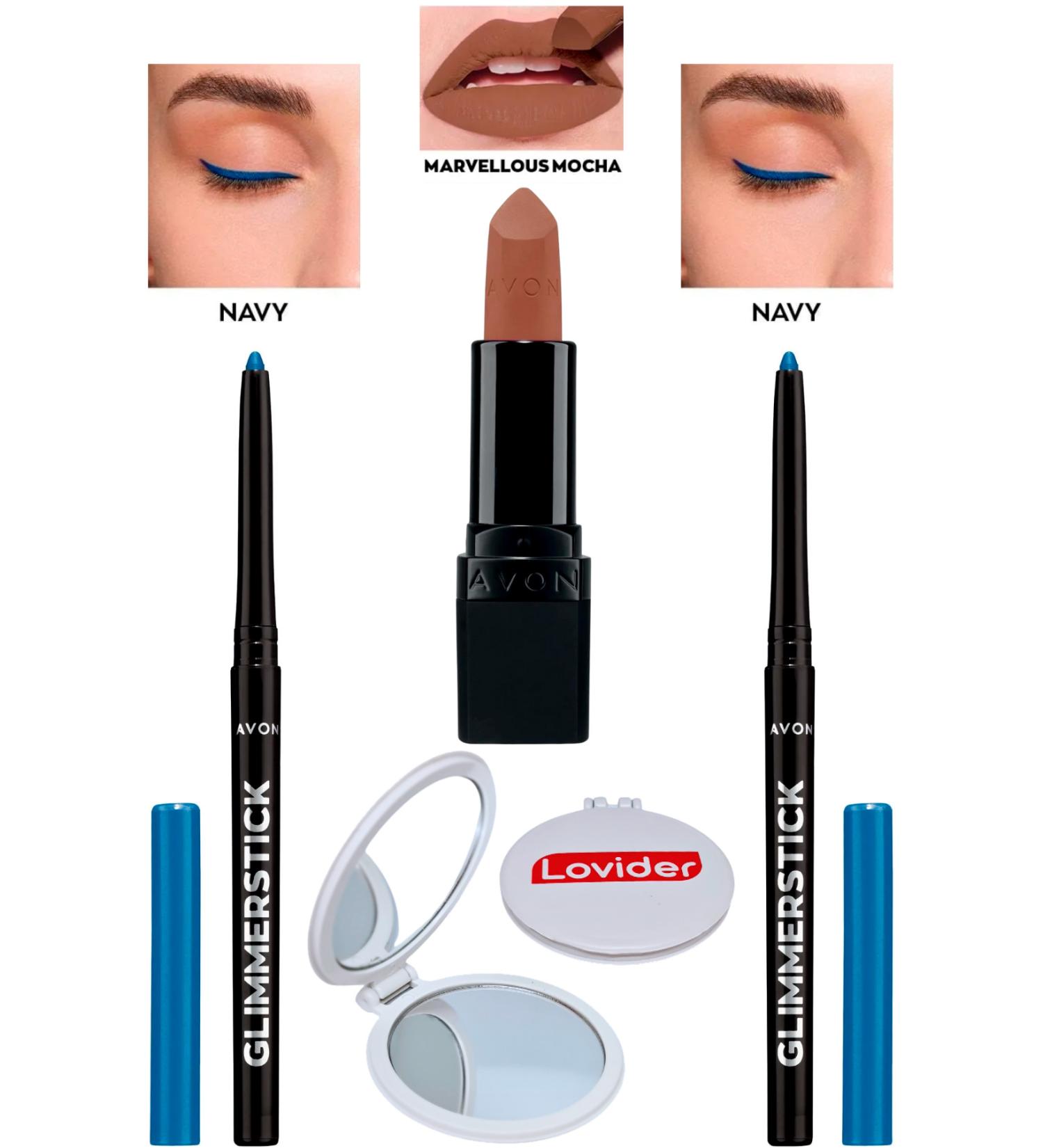 Avon Lift Eyeliner Navy 2 Pack + Marvellous Mocha Matte Lipstick + Lovider Pocket Mirror