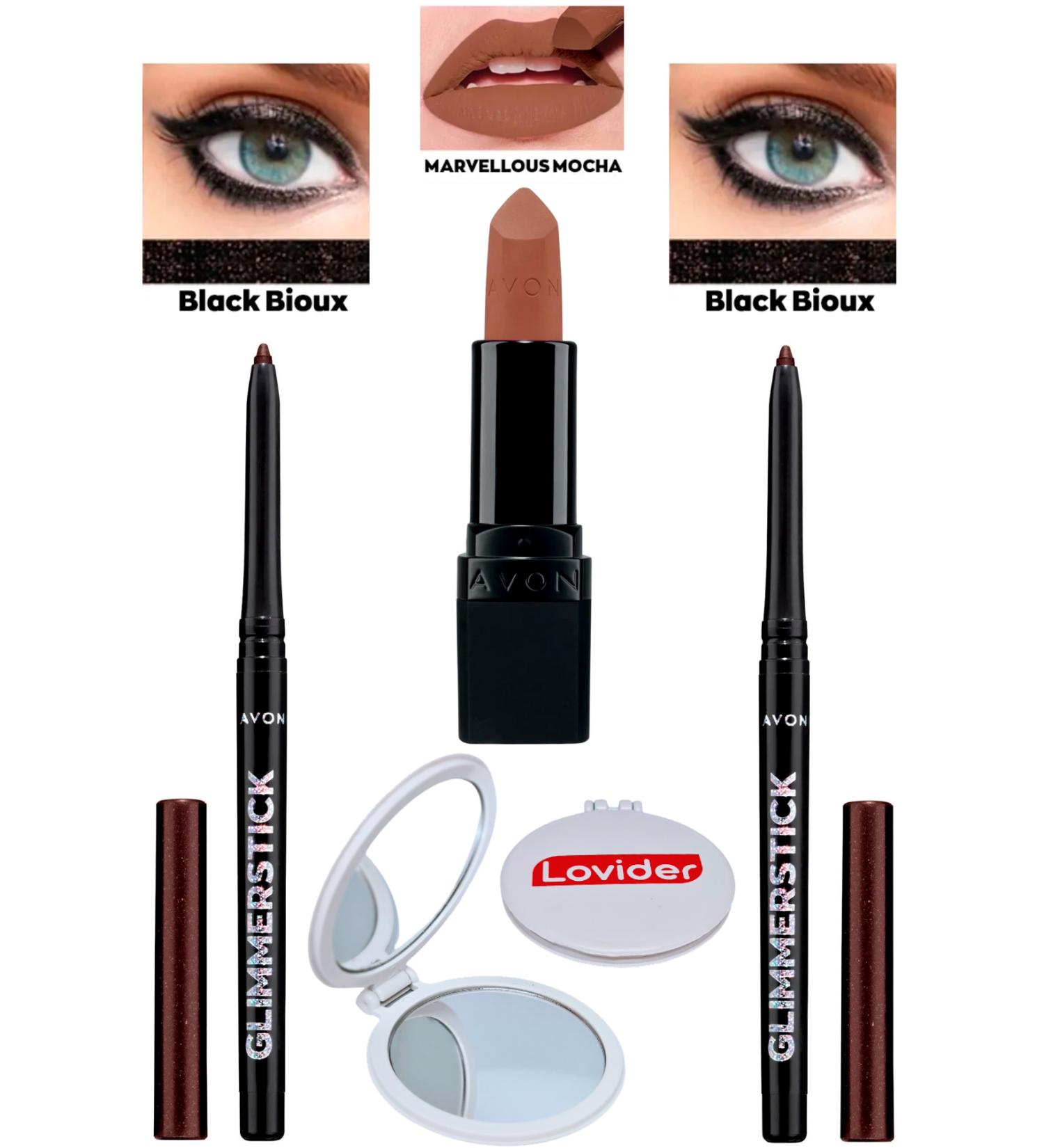 Avon Lift Eyeliner Shimmer Black Bioux 2 Pack + Marvellous Mocha Matte Lipstick + Lovider Pocket Mirror