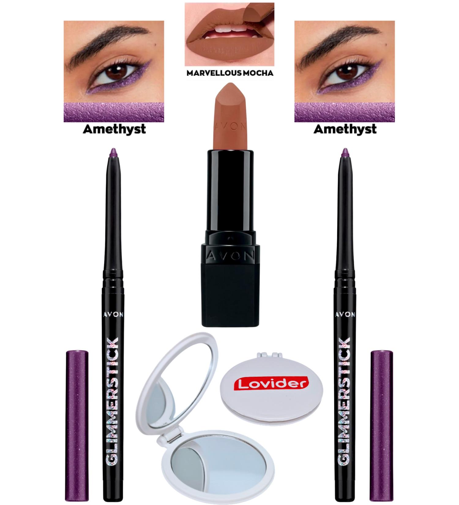 Avon Lift Eyeliner Shimmer Amethyst 2 Pack + Marvellous Mocha Matte Lipstick + Lovider Pocket Mirror