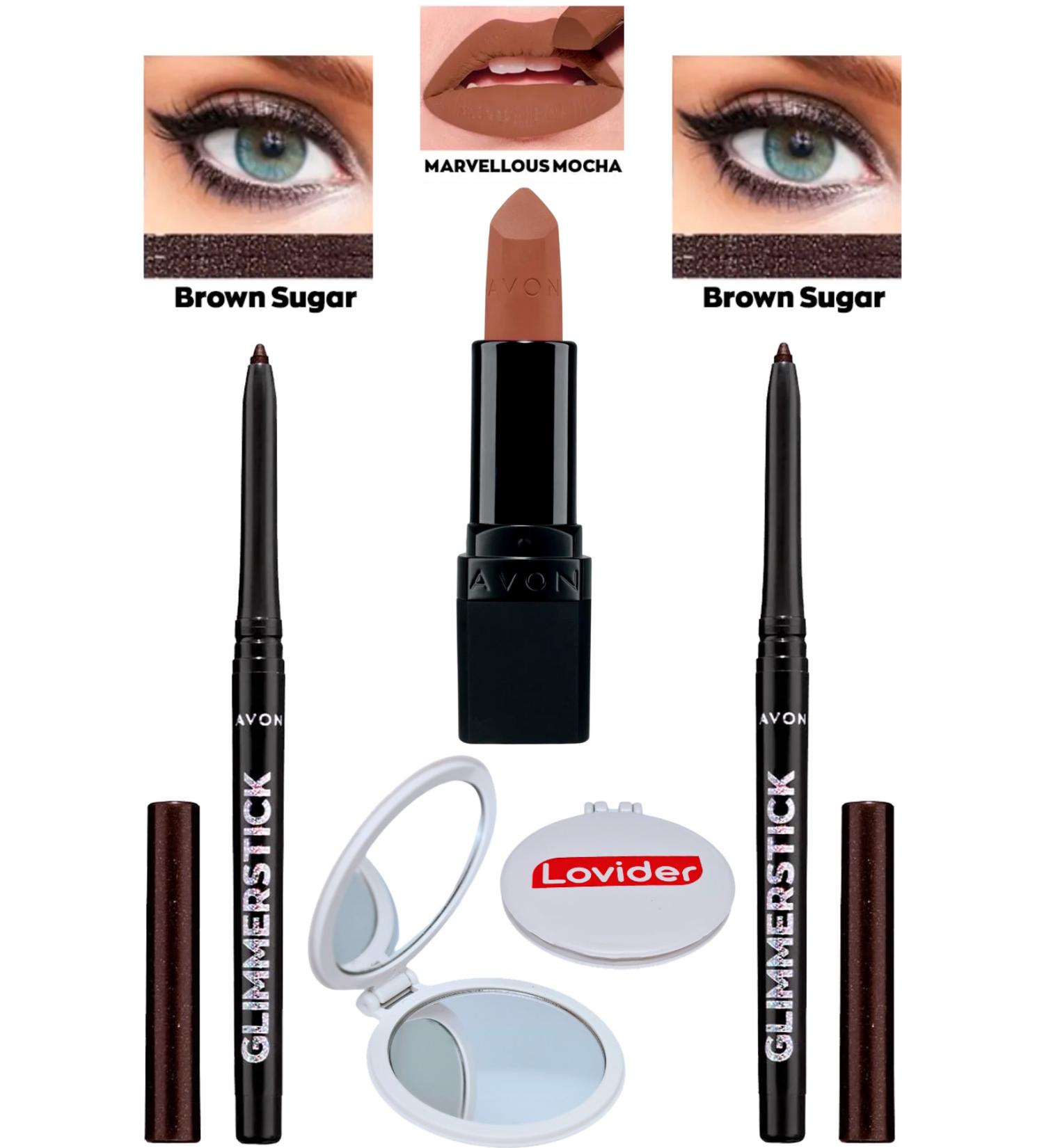 Avon Eyeliner Glitter Brown Sugar 2-Pack + Marvellous Mocha Matte Lipstick + Lovider Pocket Mirror