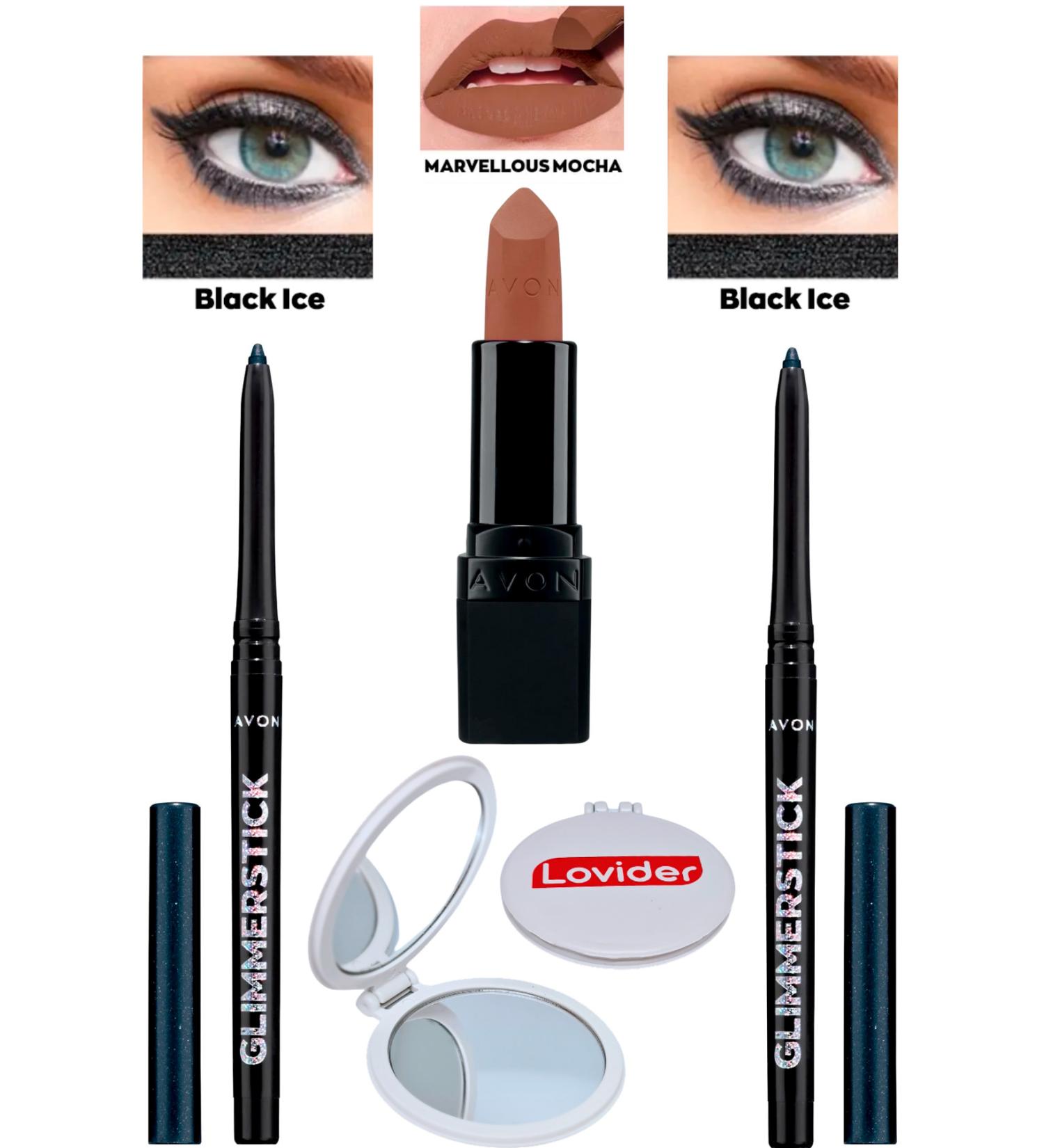 Avon Lift Eyeliner Shimmer Black Ice 2 Pack + Marvellous Mocha Matte Lipstick + Lovider Pocket Mirror