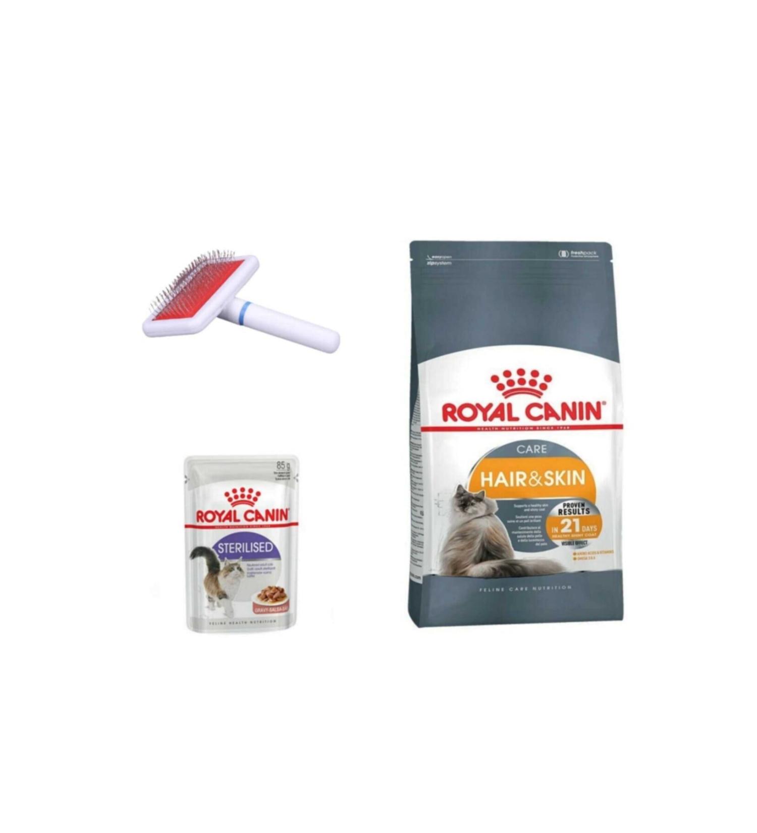 Royal Canin Hair Skin Sensitive Hair Cat Food 2 Kg + Sterilized Pouch Wet Food 85gr + comb