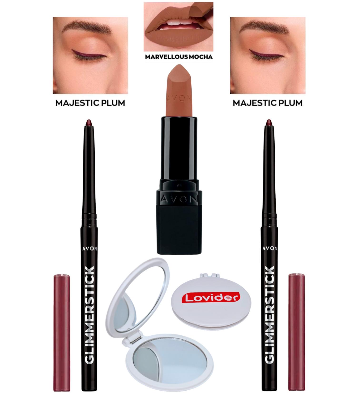 Avon Lift Eyeliner Majestic Plum 2 Pack + Marvellous Mocha Matte Lipstick + Lovider Pocket Mirror