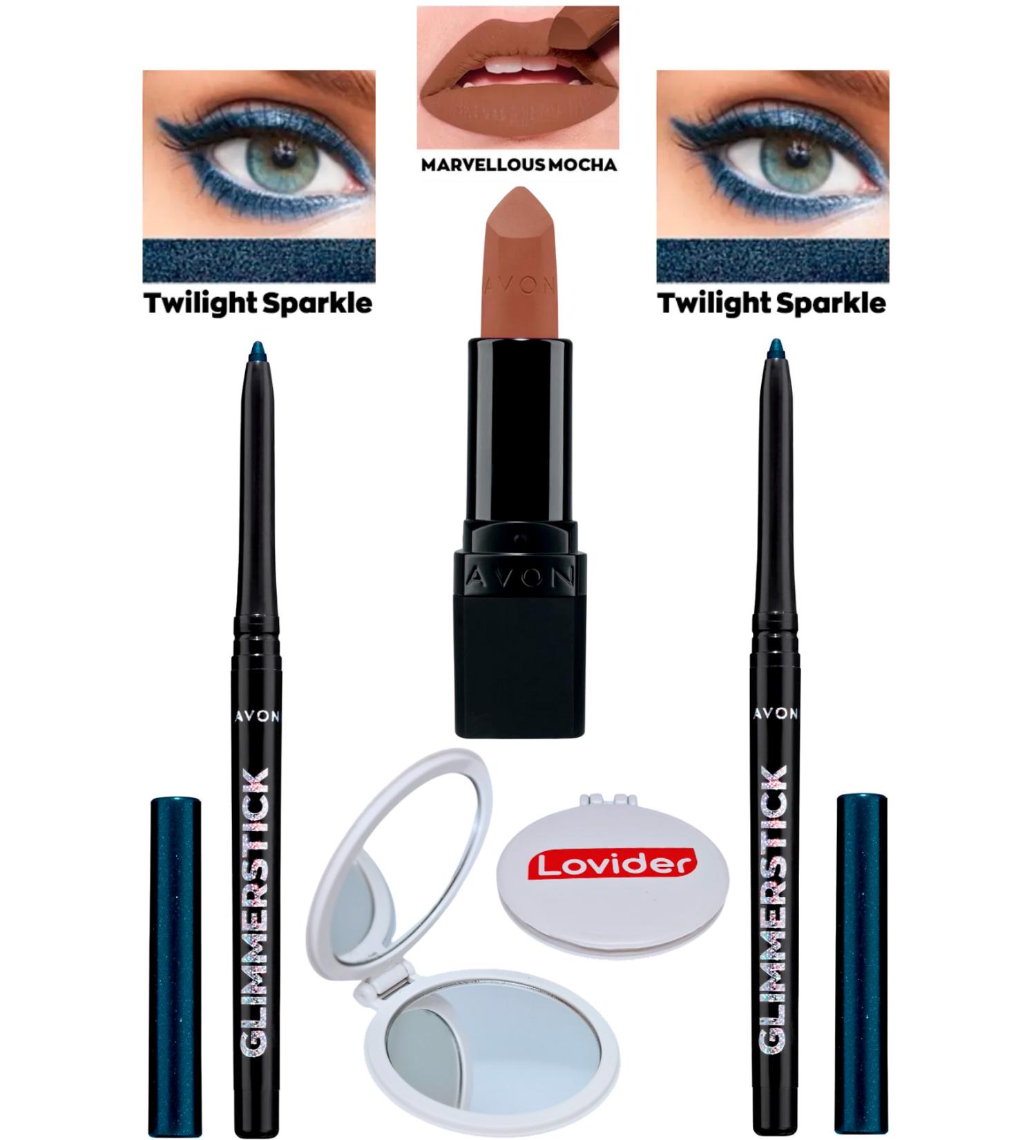 Avon Lift Eyeliner Shimmer Twilight Sparkle 2 Pack + Marvellous Mocha Matte Lipstick + Lovider Pocket Mirror - Buy Online on GoSupps.com