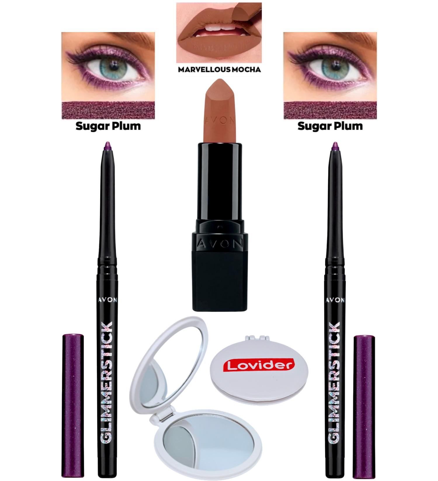 Avon Lift Eyeliner Shimmer Sugar Plum 2 Pack + Marvellous Mocha Matte Lipstick + Lovider Pocket Mirror