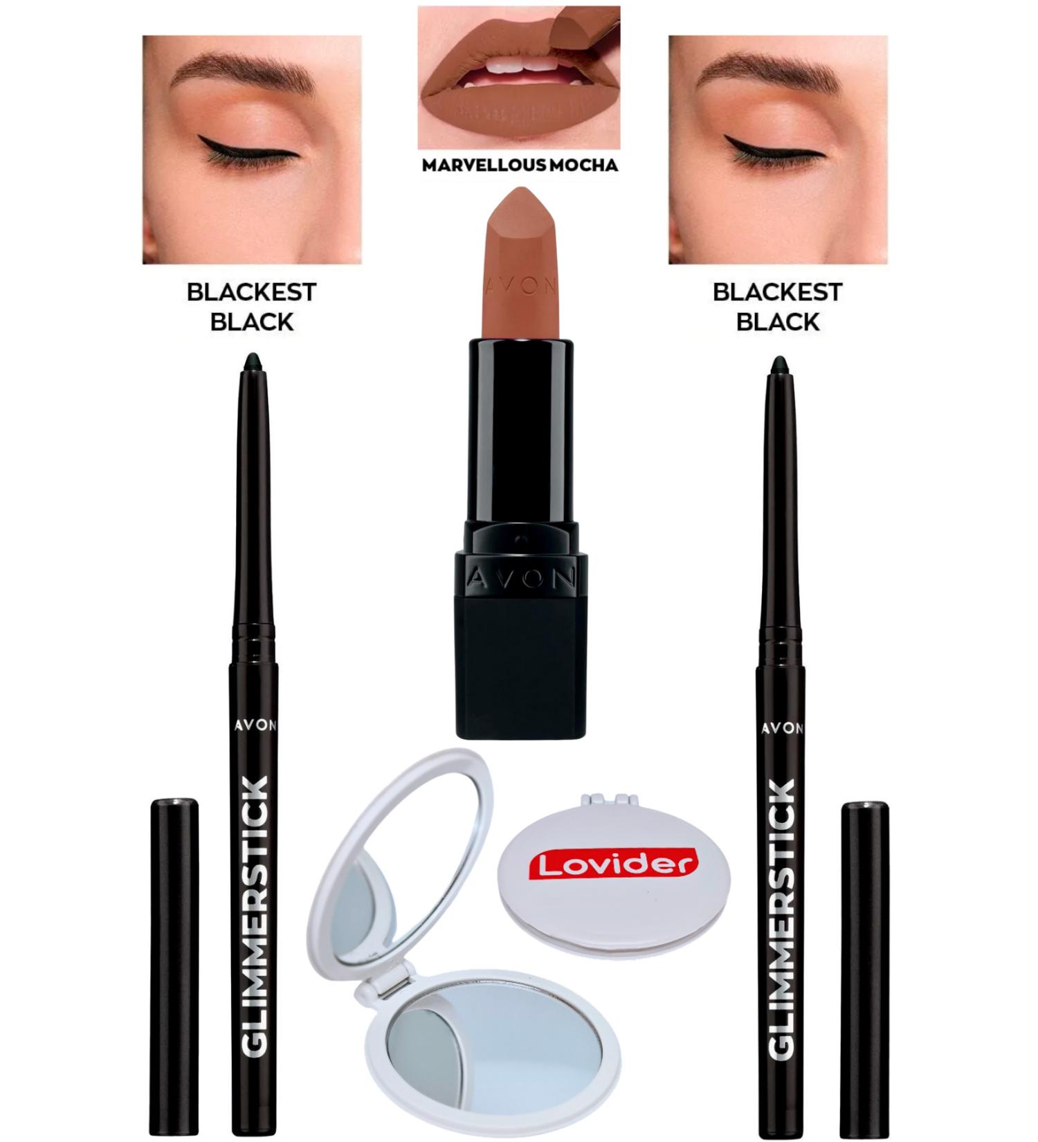 Avon Lift Eyeliner Blackest Black Black 2 Pack + Marvellous Mocha Matte Lipstick + Lovider Pocket Mirror