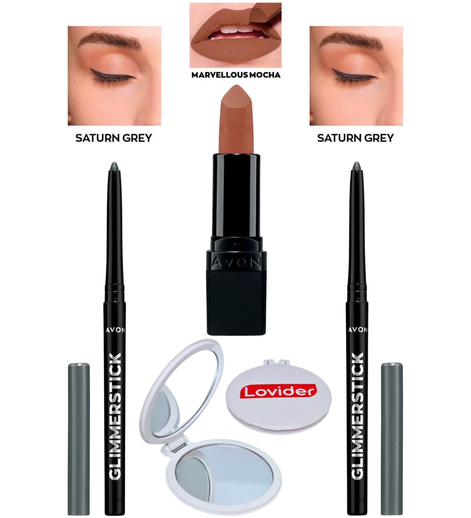 Avon Lift Eyeliner Saturn Grey 2 Pack + Marvellous Mocha Matte Lipstick + Lovider Pocket Mirror