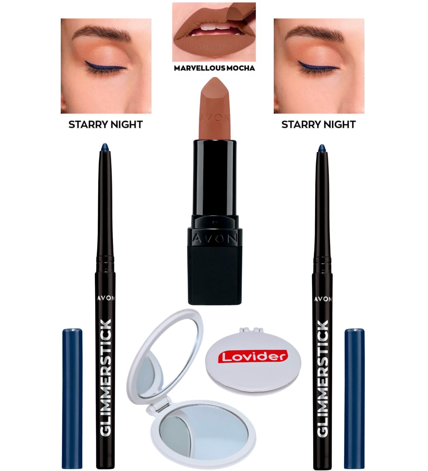 Avon Lift Eyeliner Starry Night 2 Pack + Marvellous Mocha Matte Lipstick + Lovider Pocket Mirror