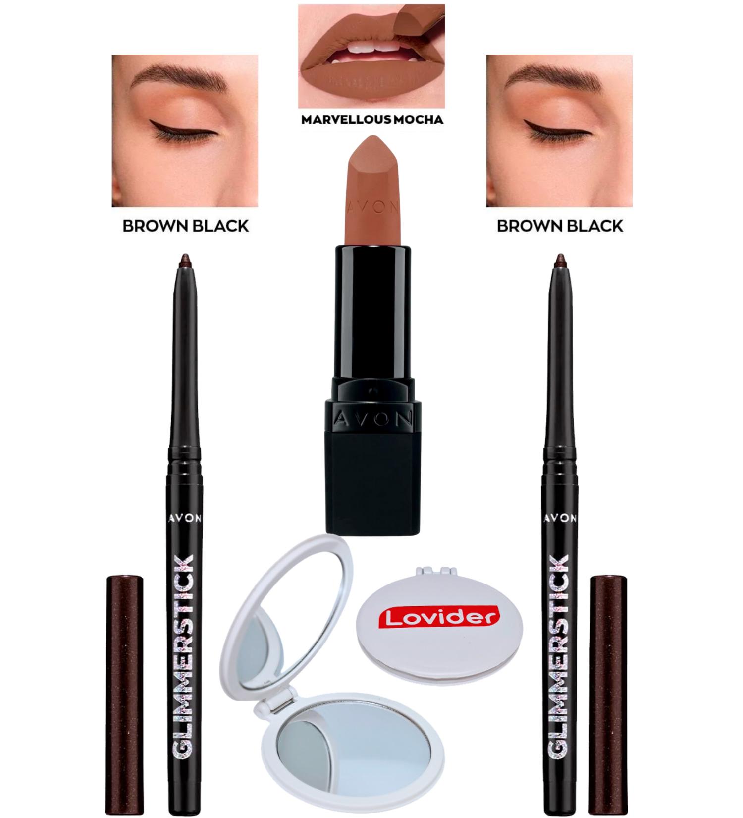 Avon Lift Eyeliner Brown Black 2 Pack + Marvellous Mocha Matte Lipstick + Lovider Pocket Mirror
