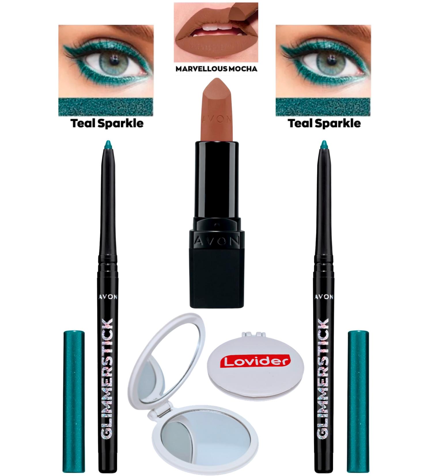Avon Lift Eyeliner Shimmer Teal Sparkle 2-Pack + Marvellous Mocha Matte Lipstick + Pocket Mirror