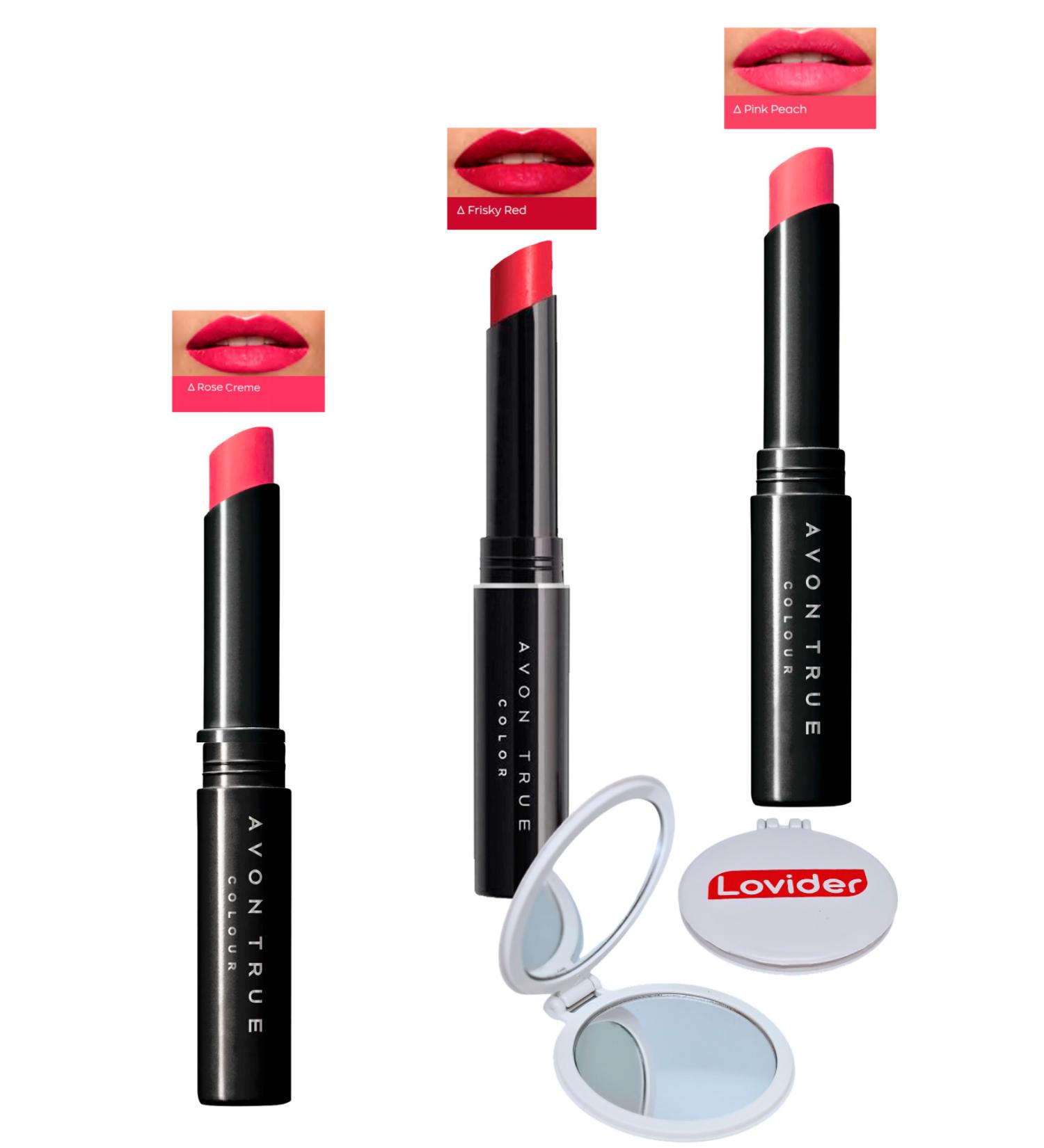 Avon Beauty 3-Pack Lipstick - Rose Creme + Frisky Red + Pink Peach + Lovider Pocket Mirror