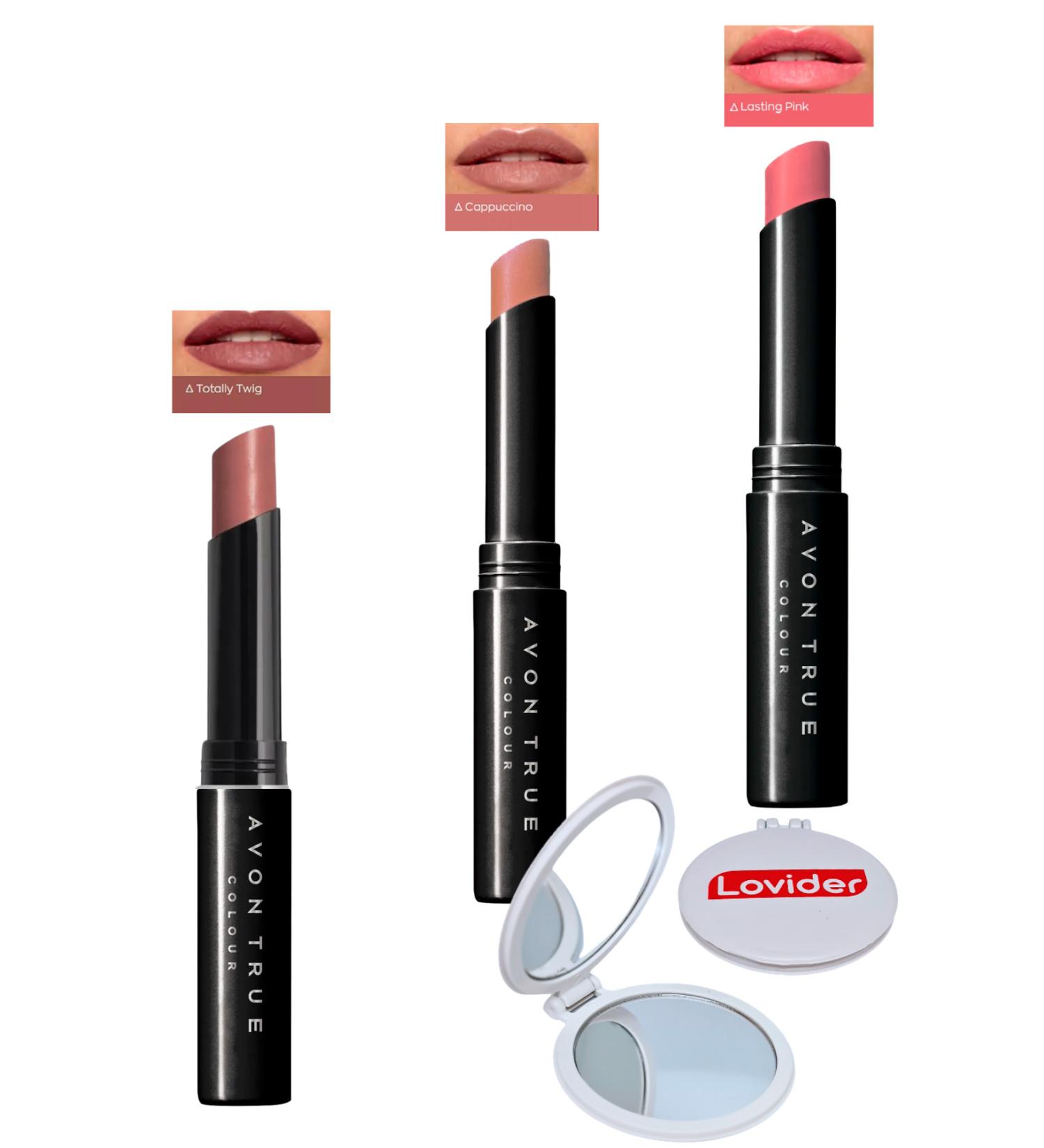 Avon Beauty 3-Pack Lipstick - Totally Twig + Cappuccino + Lasting Pink + Lovider Pocket Mirror - Buy Online on GoSupps.com