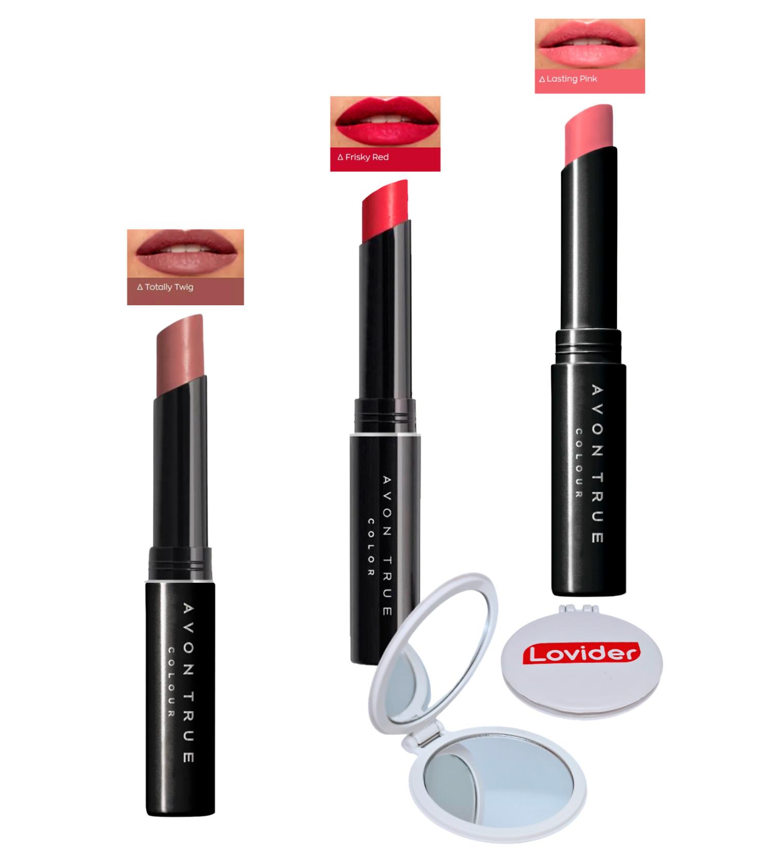 Avon Beauty 3-Pack Lipstick - Totally Twig + Frisky Red + Lasting Pink + Lovider Pocket Mirror