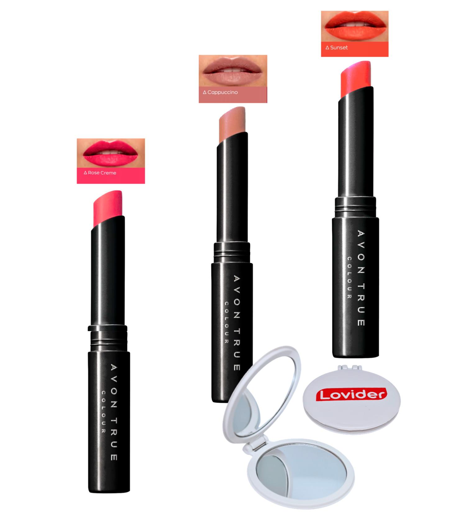 Avon Beauty 3-Pack Lipstick - Rose Creme + Cappuccino + Sunset + Lovider Pocket Mirror