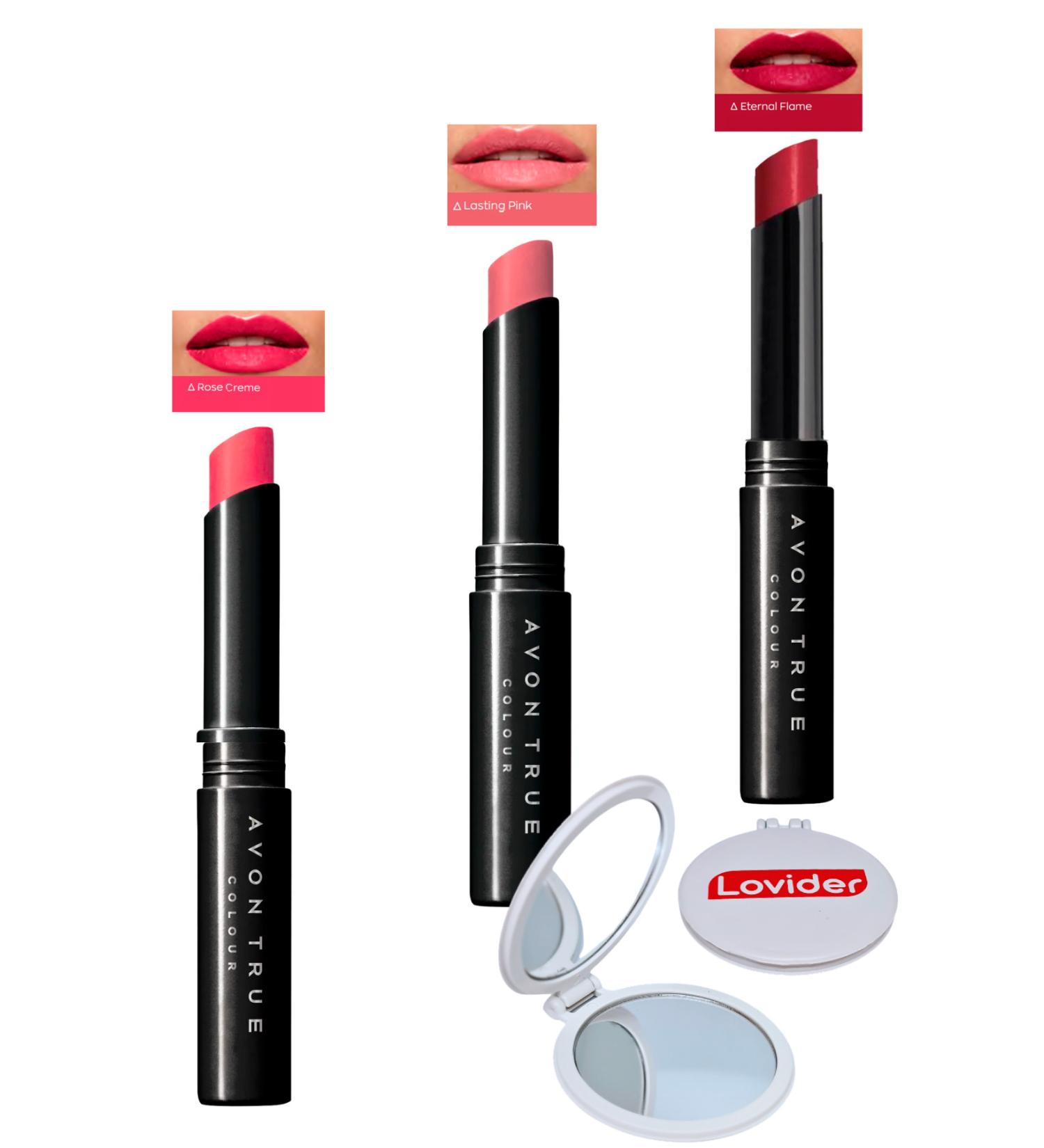 Avon Beauty 3-Pack Lipstick - Rose Creme + Lasting Pink + Eternal Flame + Lovider Pocket Mirror