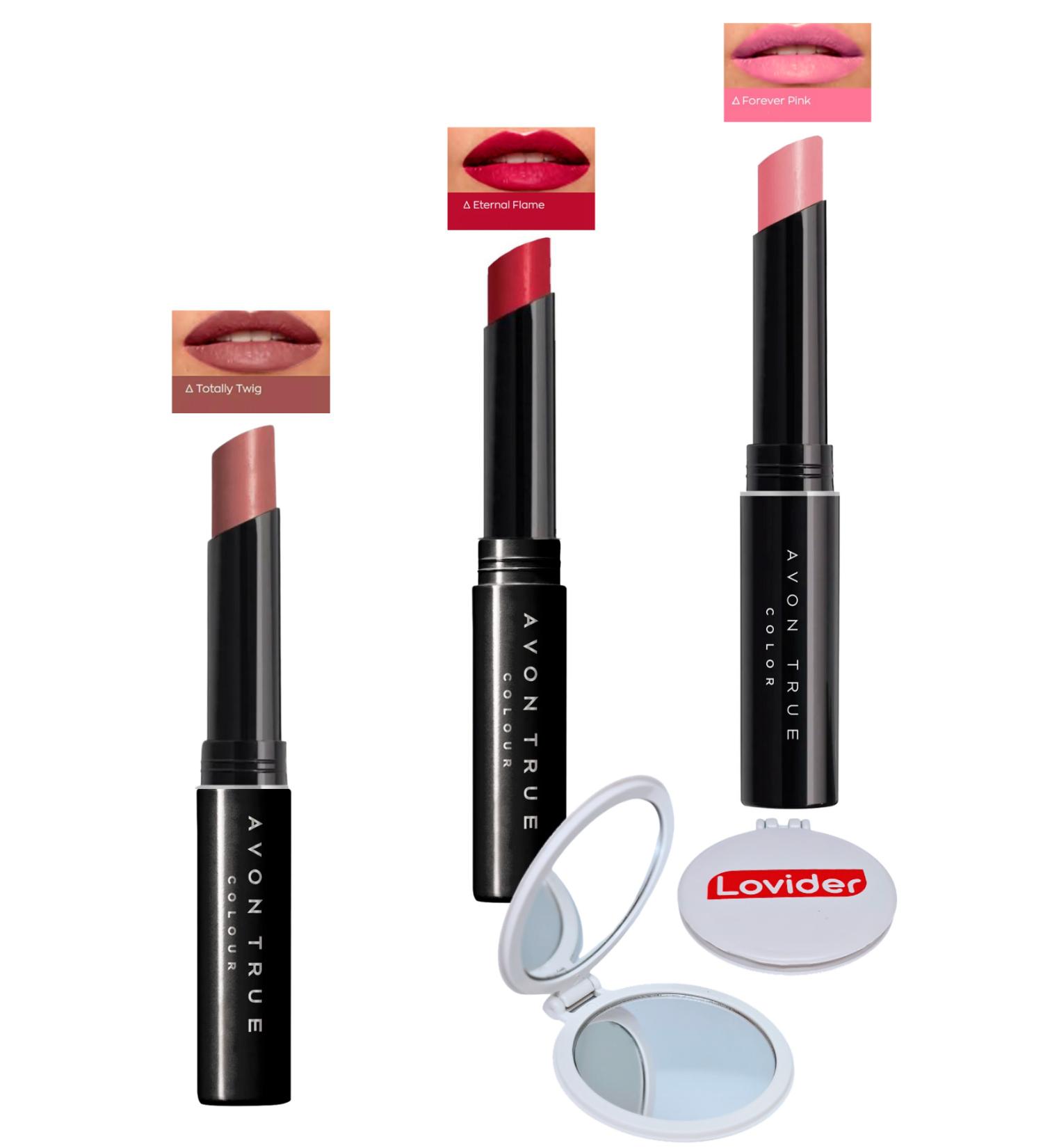 Avon Beauty 3-Pack Lipstick - Totally Twig + Eternal Flame + Forever Pink + Lovider Pocket Mirror