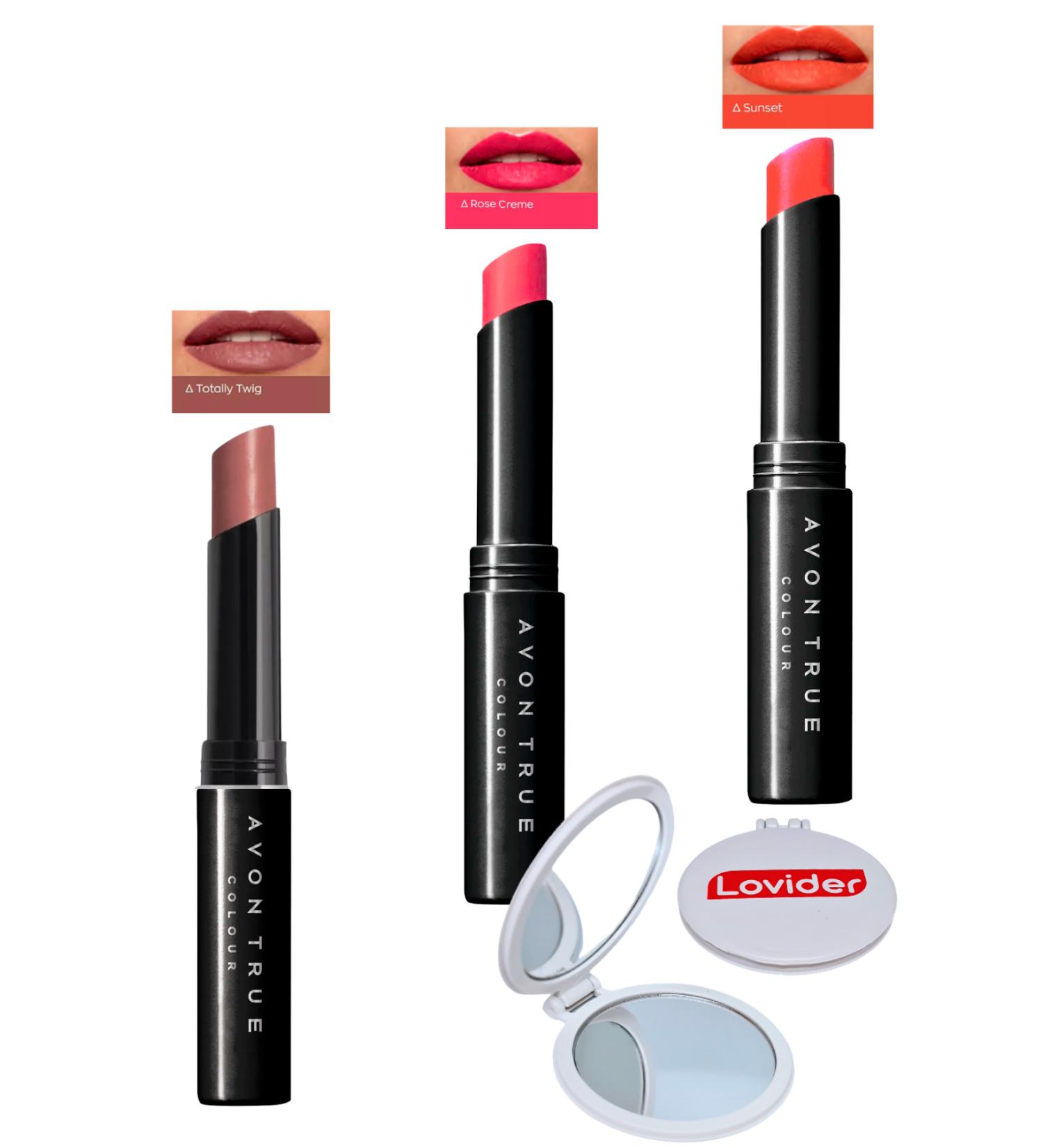 Avon Beauty 3-Pack Lipstick Totally Twig + Rose Creme Sunset Lovider Pocket Mirror