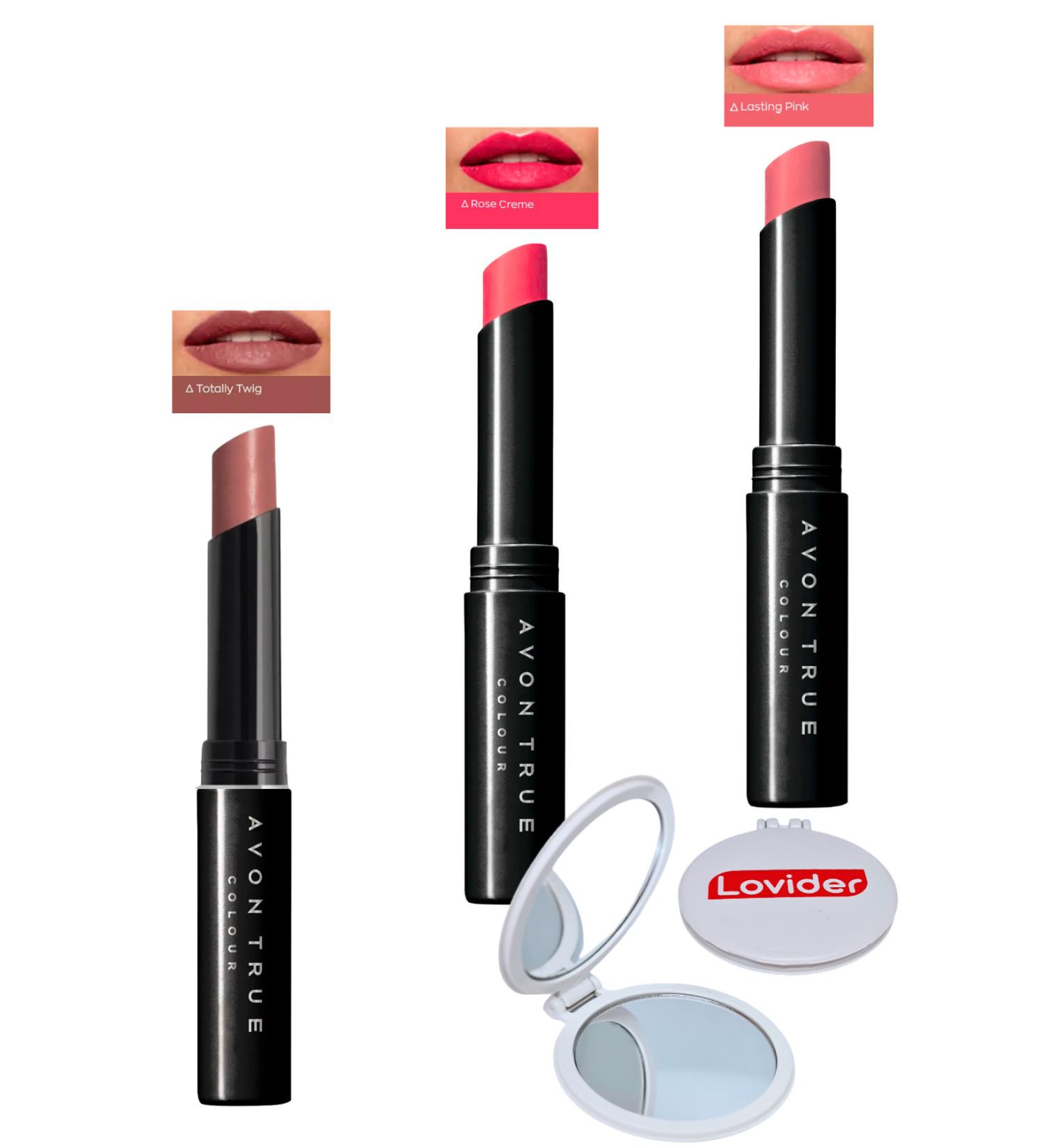 Avon Beauty 3-Pack Lipstick - Totally Twig + Rose Creme + Lasting Pink + Lovider Pocket Mirror