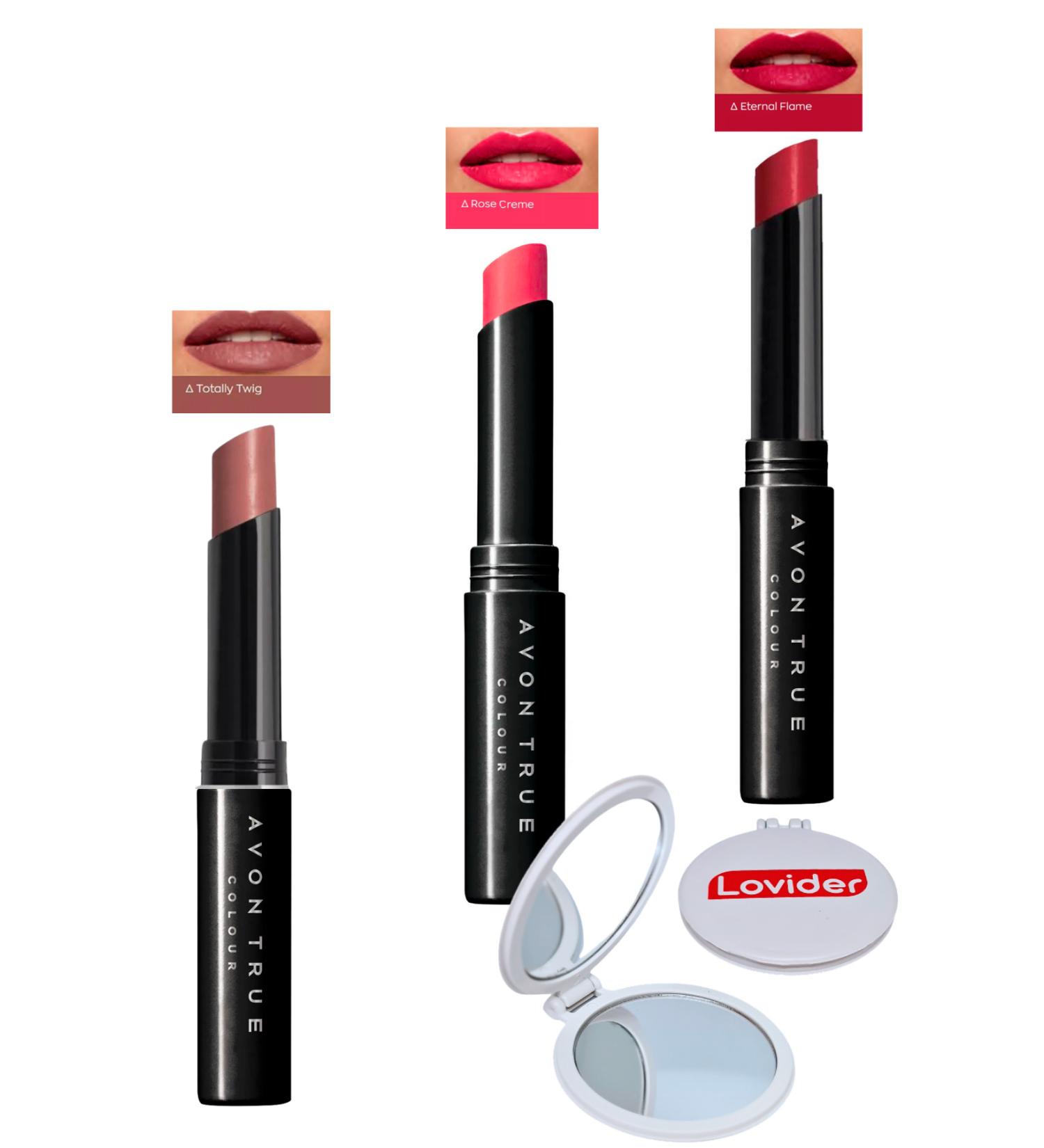 Avon Beauty 3-Pack Lipstick - Totally Twig + Rose Creme + Eternal Flame + Lovider Pocket Mirror