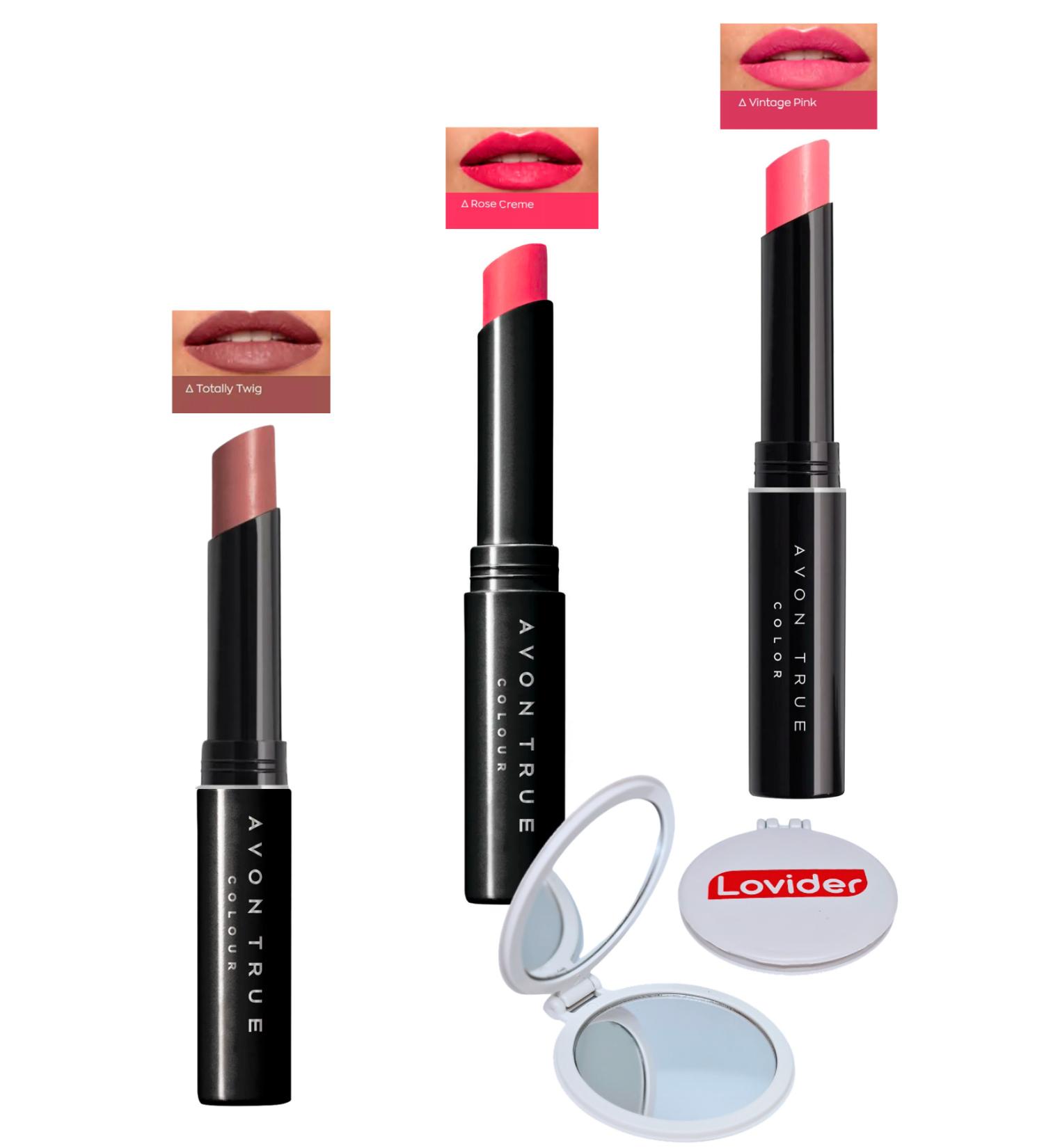 Avon Beauty 3-Pack Lipstick - Totally Twig + Rose Creme + Vintage Pink + Lovider Pocket Mirror