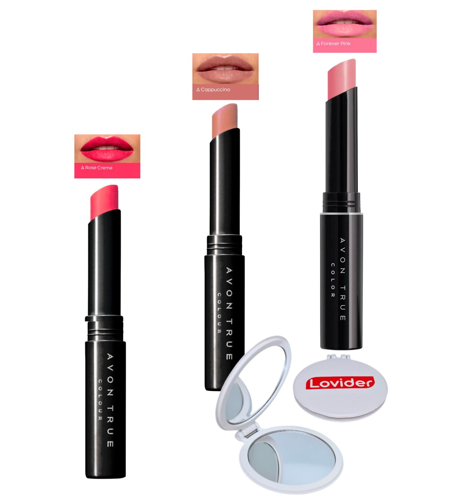 Avon Beauty 3-Pack Lipstick - Rose Creme + Cappuccino + Forever Pink + Lovider Pocket Mirror