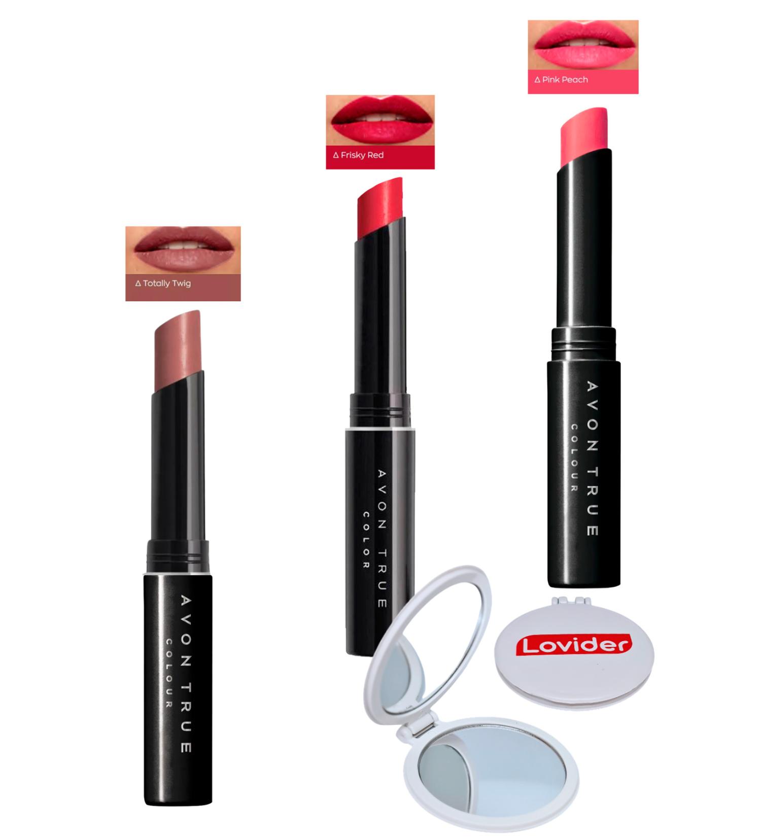 Avon Beauty 3-Pack Lipstick - Totally Twig + Frisky Red + Pink Peach + Lovider Pocket Mirror