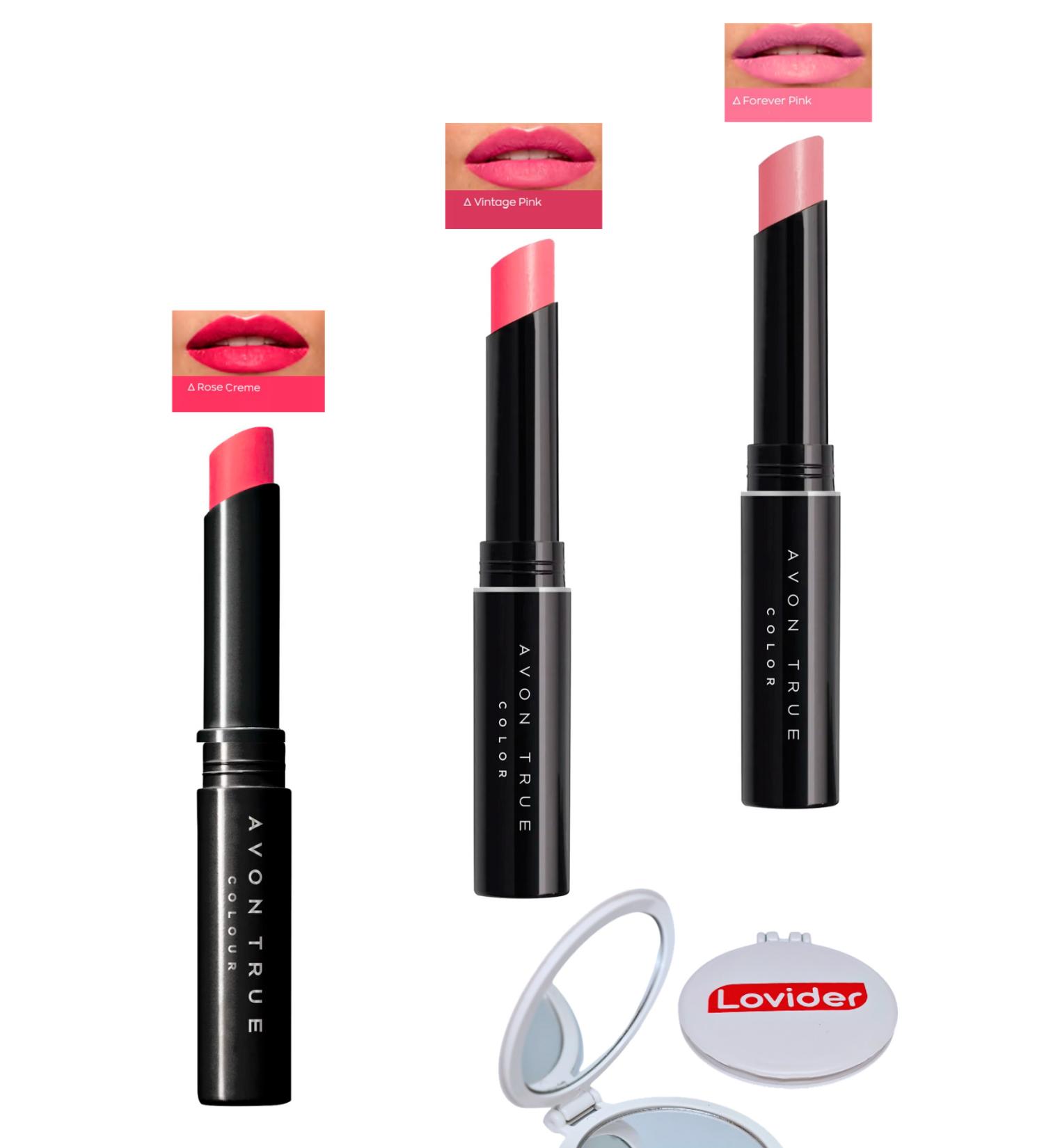 Avon Beauty 3-Pack Lipstick - Rose Creme + Vintage Pink + Forever Pink + Pocket Mirror - Buy Online on GoSupps.com