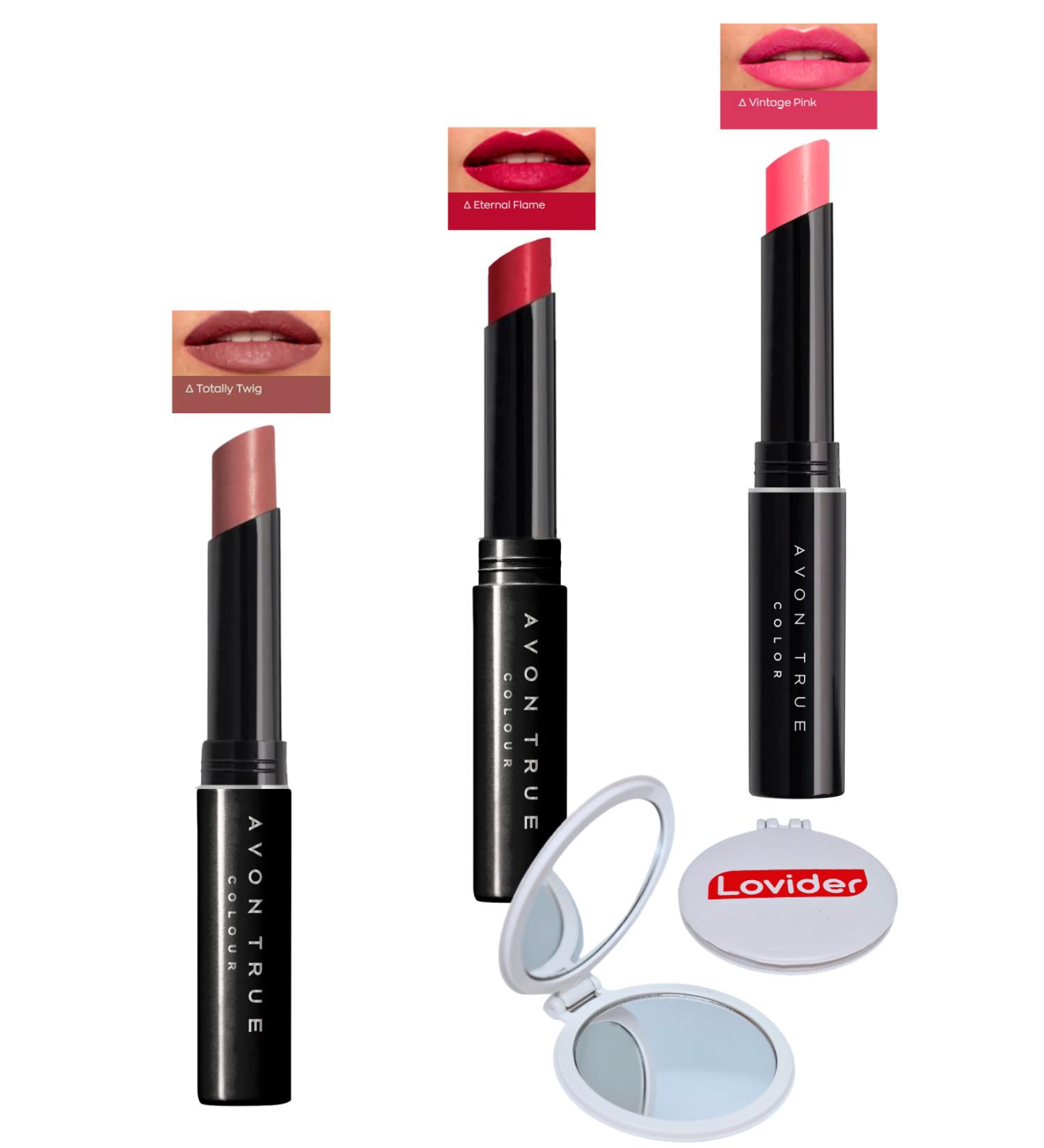 Avon Beauty 3-Pack Lipstick - Totally Twig + Eternal Flame + Vintage Pink + Lovider Pocket Mirror