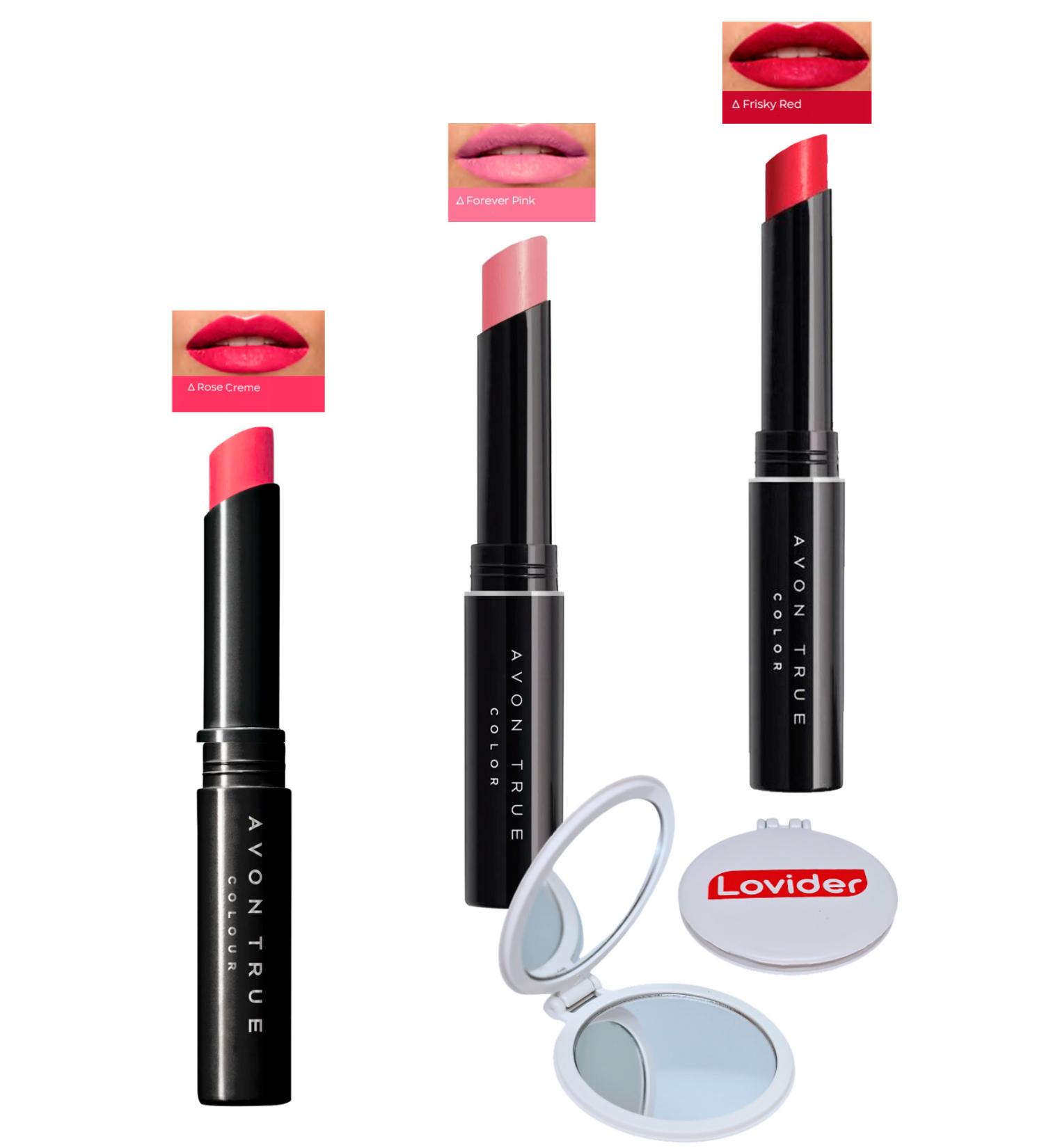 Avon Beauty 3-Pack Lipstick - Rose Creme + Forever Pink + Frisky Red + Lovider Pocket Mirror - Buy Online on GoSupps.com