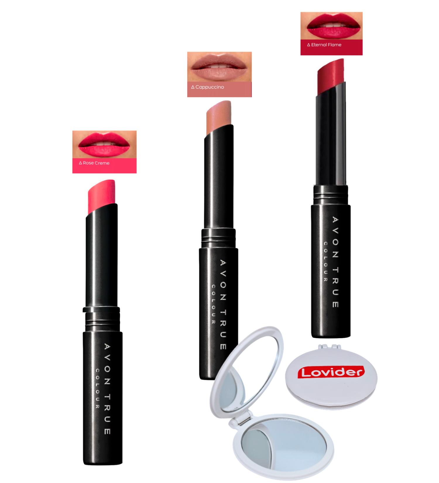 Avon Beauty 3-Pack Lipstick - Rose Creme + Cappuccino + Eternal Flame + Pocket Mirror